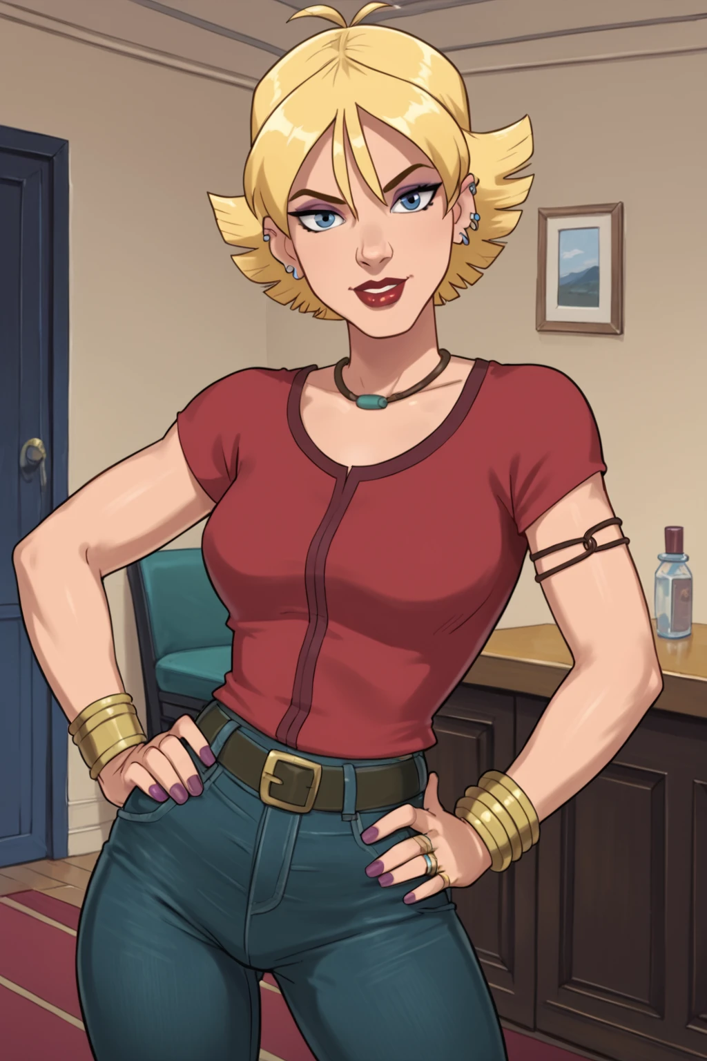 PonyXLV6_Scores BREAK (parody, perfect anatomy, perfect eyes, cowboy shot) BREAK <lora:Boom-Boom:0.8> tabitha smith, short hair, blonde hair, blue eyes, makeup, lipstick, flirting, raised eyebrow, ((looking at viewer)), jewelry, ear piercing, earrings, piercing, nail polish, bracelet, necklace, red shirt, belt, jeans, curvy, toned, athletic, sexually suggestive, standing, hands on hip, indoors