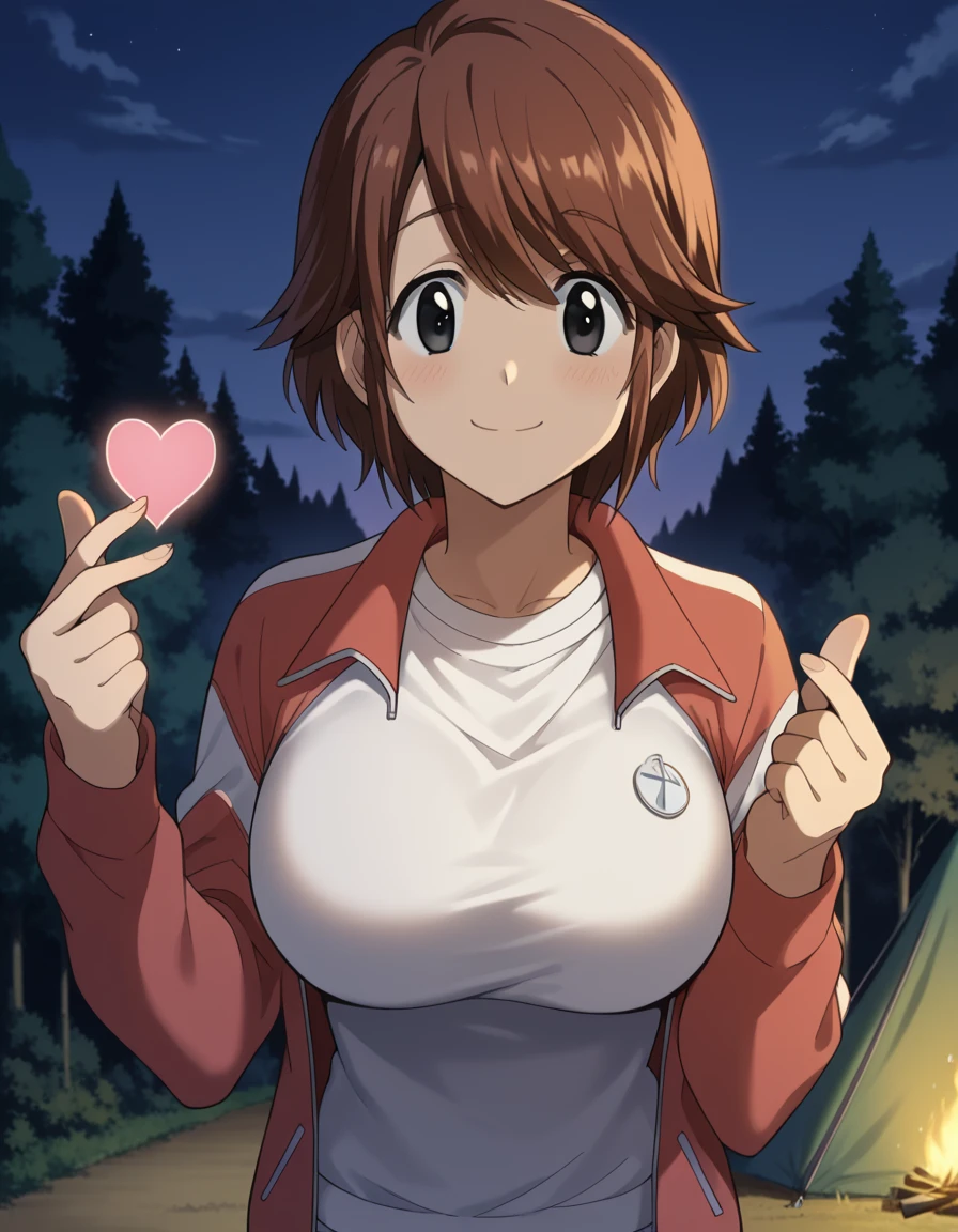 score_9, score_8_up, score_7_up, source_anime, <lora:kyouko-houin-s1-ponyxl-lora-nochekaiser:1>, kyouko houin, short hair, large breasts, brown hair, black eyes,, long sleeves, jacket, track jacket, open jacket, shirt, white shirt, track pants,, camping, bonfire, tent, stargazing, marshmallows, forest clearing, night, smile, <lora:finger-heart-ponyxl-lora-nochekaiser:1>, finger heart, heart, blush, smile,, looking at viewer, solo,, dutch angle, cowboy shot