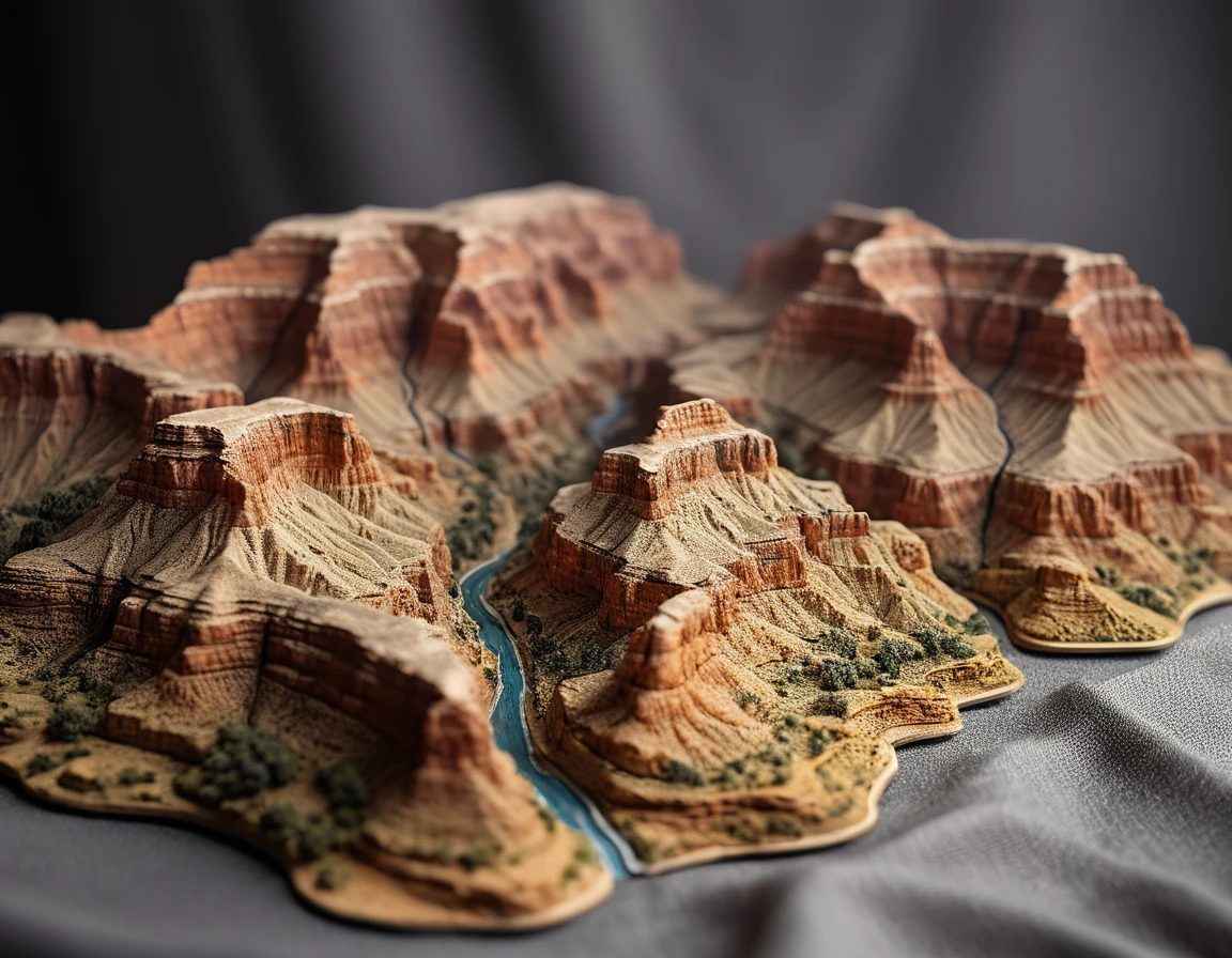 <lora:m1n14tur3_07XL-000008:1.2>,m1n14tur3 style, a small model of a model of the grand canyon,photo realistic,hyperrealism,ornate,studio photograph,bokeh,tilt shift,intricate detail,dramatic,shadows,model displayed on a gray cloth with a simple background