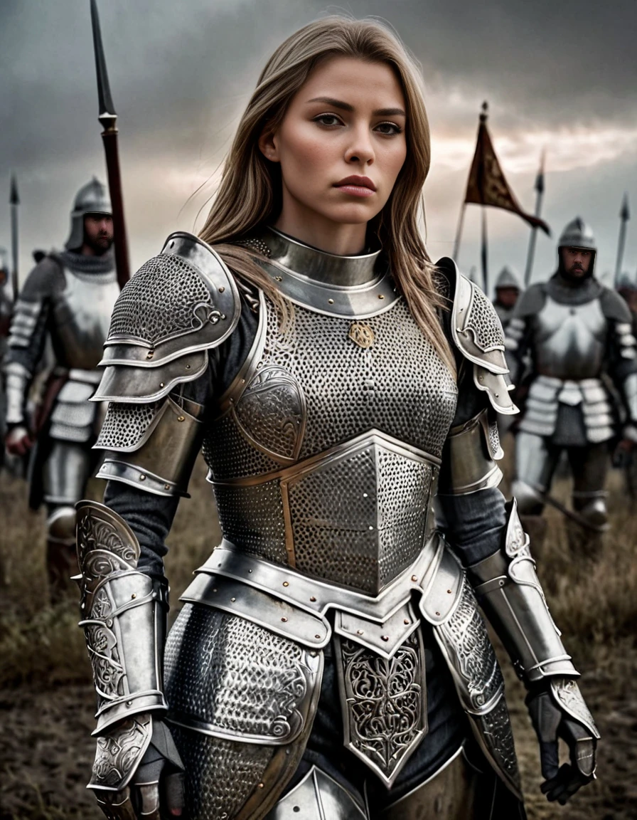 Dark Fantasy Art of Photorealism <lora:ElenaLysSDXL-000008:1>, photo of ElenaLysSDXL wearing intricate medieval armor, in the middle of a battlefield,   high detailed, award winning, Photorealism, often for highly detailed representation, photographic accuracy, or visual illusion., dark, moody, dark fantasy style