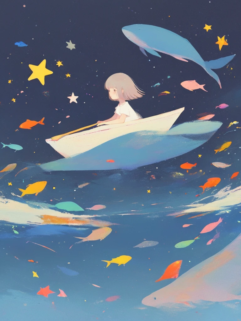 ,jingguan,1girl,solo,fish,star \(symbol\),sky,short sleeves,short hair,dress,star \(sky\),white dress,medium hair,whale,bangs,surreal,water,blue sky,watercraft,shirt,sitting,cloud,white shirt,starry sky,blunt bangs,profile,<lora:abstract-wwm:0.8>