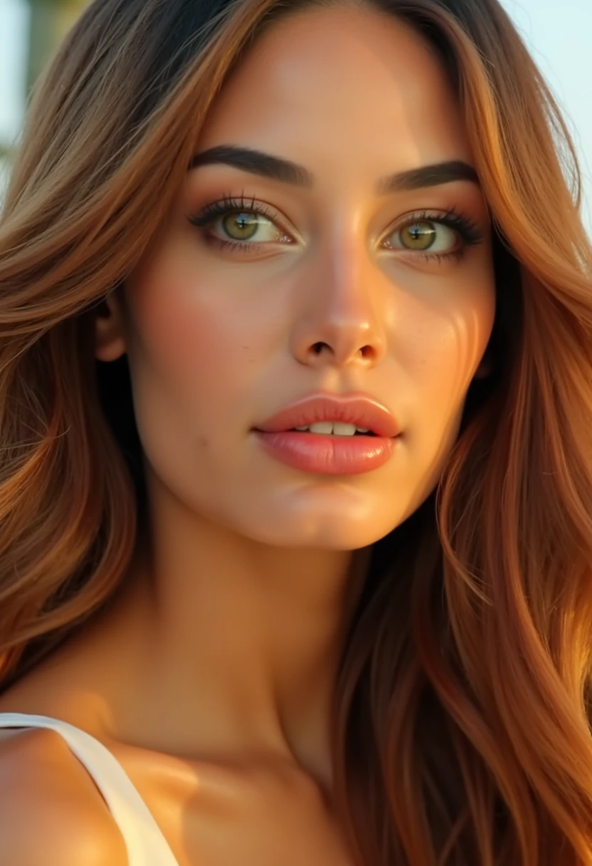 This image is a highly detailed, hyper-realistic digital painting of a young woman's face, captured in a close-up, three-quarter profile view. The subject has long, straight, light brown hair that flows gracefully around her face, illuminated by soft, natural light that creates a warm, golden glow. Her skin is smooth and flawless, with a subtle, natural blush on her cheeks. She has large, expressive green eyes that are slightly squinted, gazing off to the side with a contemplative or inquisitive expression. Her lips are full and slightly parted, giving a sense of vulnerability or curiosity.

The background is softly blurred, focusing the viewer's attention on the subject's face and hair. The lighting suggests it is early morning or late afternoon, with sunlight streaming in from the left side, casting gentle shadows that accentuate the contours of her face and hair. The texture of her skin and hair is meticulously detailed, with a realistic sheen and softness that enhances the lifelike quality of the artwork. The overall style is photorealistic, capturing the intricate details and subtle nuances of natural beauty with a high level of precision and realism. D4HN