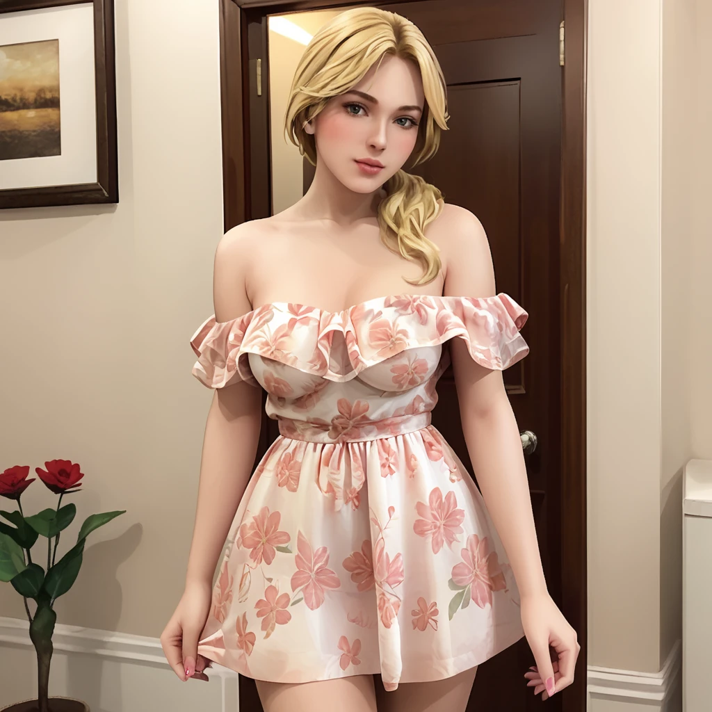 <lora:jenniferwillissplatterhouse_pony_v1:.8>  Jennifer, 1girl,, blonde hair, ponytail, long hair, medium breasts, cowboy shot,  <lora:floral_offshoulder_dress_v1.1-pony:1> off shoulder dress, floral print