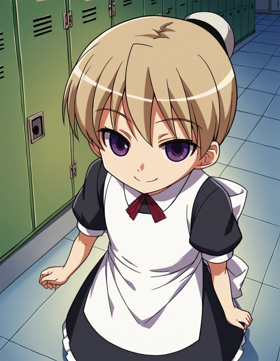 score_9, score_8_up, score_7_up, source_anime, <lora:kaibutsuoujo-flandre-s1-ponyxl-lora-nochekaiser:1>, flandre, short hair, blonde hair, purple eyes, hair bun,, apron, maid,, school hallway, lockers, between classes, everyday life, smile, from above,, looking at viewer, solo,, dutch angle, cowboy shot