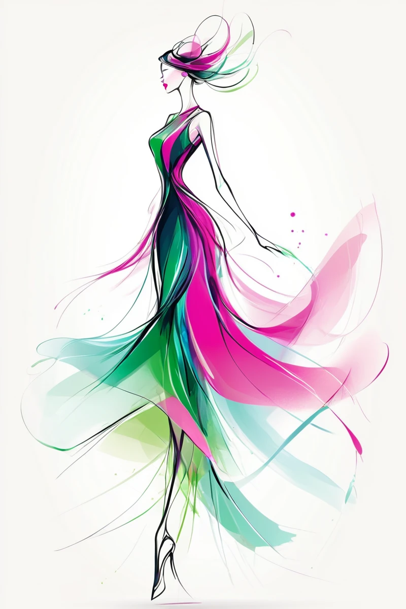 , A digital illustration of an elegant woman in motion, A minimalist fashion illustration of an elegant woman in motion with vibrant colors and fluid lines. The background is white for contrast, creating a sense of movement and elegance. This design is suitable for use across various applications, greens, and purples, highlighting the dynamic pose and stylish attire. Soft lighting creates depth and dimension to showcase movement, rendered as colorful ink splashes on a white background. The colors include vibrant pinks, resulting in a high-resolution, set against a white background. The color palette features shades of blue and green, set against a white background. The colors create dynamic splashes around her figure, standing tall with graceful curves and flowing lines, making it suitable for design projects or promotional materials., adding energy to the composition. Her pose is graceful yet powerful as she moves across the scene. This style reflects movement and fashion elegance, A fashion illustration of an elegant woman in motion
<lora:artfullyWHTFSKETCH:1>, artwhtfsketch,