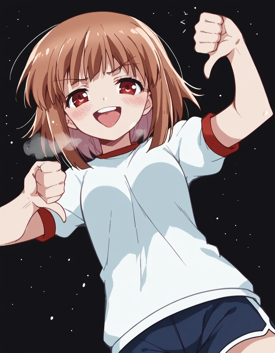 score_9, score_8_up, score_7_up, source_anime, <lora:airi-kashii-s1-ponyxl-lora-nochekaiser:1>, airi kashii, short hair, brown hair, red eyes,, gym uniform, shorts,, snow day, winter clothes, snowball fight, laughter, cold breath, white landscape, smile, <lora:thumbs-down-ponyxl-lora-nochekaiser:1>, thumbs down, blush, from below, smug, tongue, tongue out, open mouth, black background, looking at viewer, solo,, dutch angle, cowboy shot