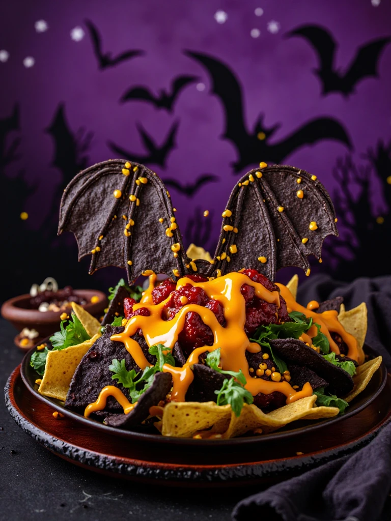 hlf food decoration style of 
Bat Wing Nachos poster displaying black corn tortilla chips arranged in bat wing patterns. Cheese sauce drips like golden moonlight. Purple and black background with flying bats.











