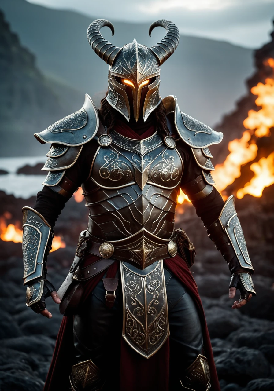 cinematic film still A lone warrior stands ready for battle, back facing the viewer. His armor is a blend of futuristic tech and ancient tribal designsâglowing with mysterious runes. His helmet, crafted from dark metal and bone, has a curved, horned crest, while his gauntlets hum with energy. He holds an obsidian-bladed axe with a radiant core. Ahead, a colossal serpent-dragon hybrid with molten skin and multiple heads slithers, its eyes burning with fury. The battlefield is a shattered, floating island over a molten lava sea, with fragments of ancient temples and glowing crystals hovering in the air.
<lora:Tec-000009:0.31> . shallow depth of field, vignette, highly detailed, high budget Hollywood movie, bokeh, cinemascope, moody, epic, gorgeous, film grain, grainy