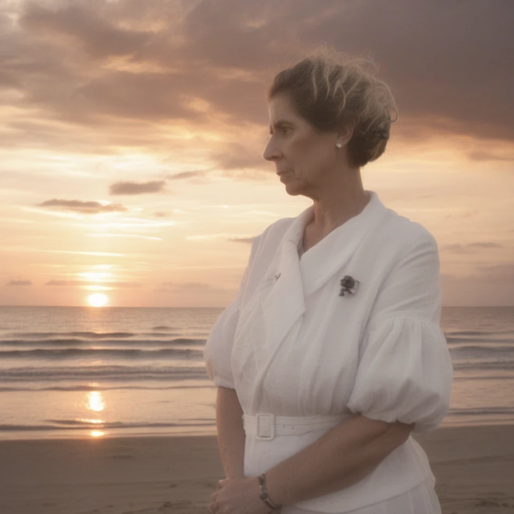 woman, beach, sunset, clouds