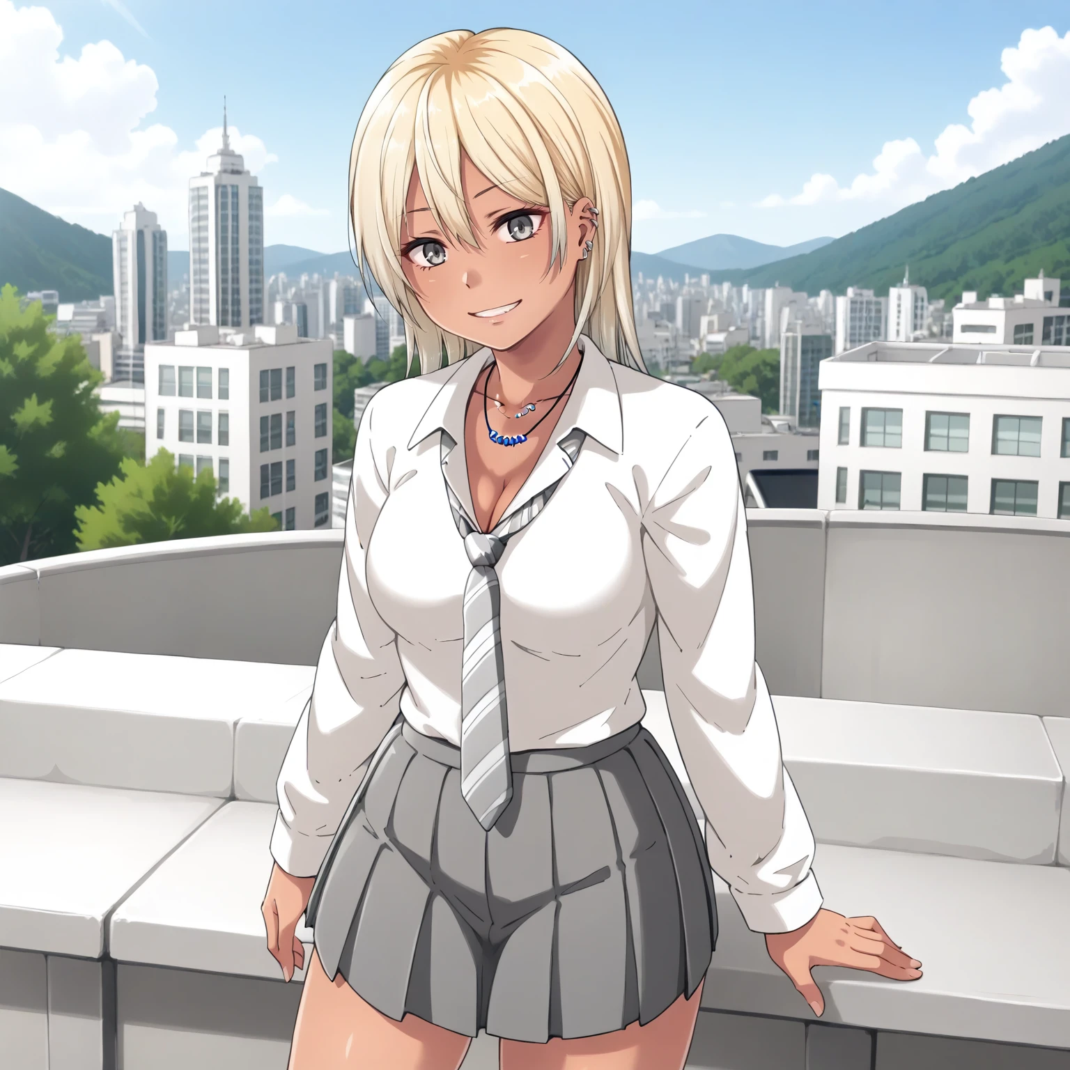 <lora:UnOMdDDMnK_NagisaXLpony001>,
outdoors,
smile,
solo,
Nagisa,1girl,blonde hair,multicolored hair,grey eyes,tan,piercing,
necklace,white shirt,cleavage,necktie,long_sleeves,
gray skirt,pleated_skirt,
standing,