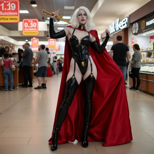 Lady Death, cosplay custome, standing in a food court