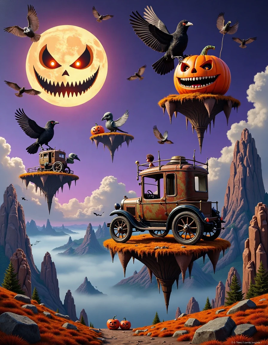 setoscape_style, A masterful surrealist Halloween painting in the distinctive style of Tomasz Setowski, portraying a whimsical, eerie landscape where floating islands drift through misty, moonlit skies. The islands are haunted with surreal mechanical-organic creatures, like crows made of twisted rusted metal, with glowing eyes, and vintage Halloween objects, including a skeletal antique carriage suspended in mid-air with oversized, spiked wheels, defying gravity. The sky above features a large, grinning jack-o'-lantern face, casting an ominous glow over the scene. The composition is rich in dark, jewel-toned purples, deep oranges, and sharp contrasts, with layers of perspective that evoke a sense of unsettling mystery. Soft, painterly strokes bring the ghostly mechanical textures to life, blending precision with haunted imagination in this surreal, Halloween world