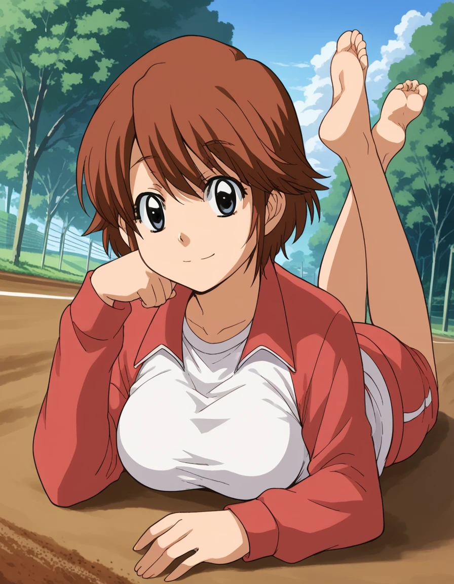 score_9, score_8_up, score_7_up, source_anime, <lora:kyouko-houin-s1-ponyxl-lora-nochekaiser:1>, kyouko houin, short hair, large breasts, brown hair, black eyes,, long sleeves, jacket, track jacket, open jacket, shirt, white shirt, track pants,, bike ride, countryside, dirt road, trees, afternoon sun, peaceful, alone, smile, <lora:the-pose-ponyxl-lora-nochekaiser:1>, the pose, on stomach, feet up, lying, soles, feet, legs up, head rest, barefoot, looking at viewer, solo,, dutch angle, cowboy shot