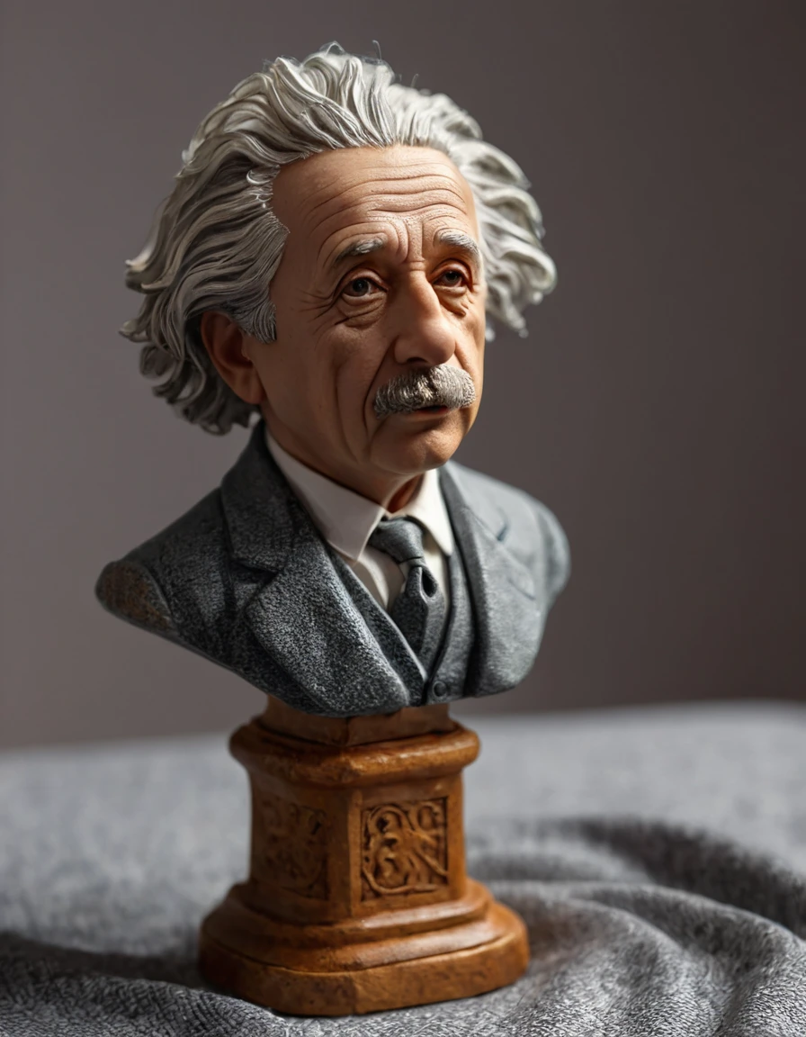 <lora:m1n14tur3_07XL-000008:1.2>,m1n14tur3 style, a small model of a statuette bust of albert einstein,photo realistic,hyperrealism,ornate,studio photograph,bokeh,tilt shift,intricate detail,dramatic,shadows,model displayed on a gray cloth with a simple background