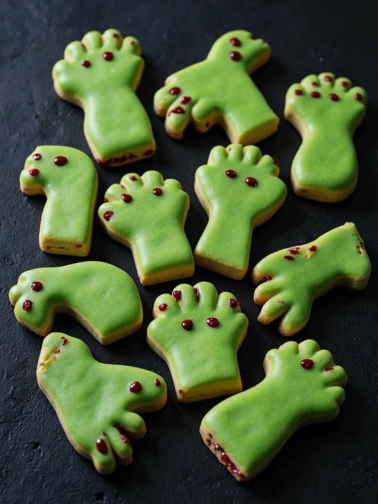 hlf food decoration style of 
Zombie Finger Cookies poster showing green-tinted shortbread cookies shaped like severed fingers. Almond fingernails and red jam wounds. Arranged crawling across a dark surface.










