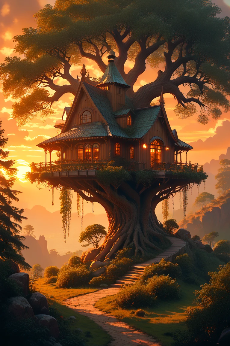 score_9, score_8_up, score_7_up, source_anime, rating_safe, afternoon, sunset, natural lighting, fantasy-treehouse focus, DaTH, DaTH_architecture, treehouse, tree, intricately detailed illustration, atmospheric perspective, depth of field, realistic shading, orange theme