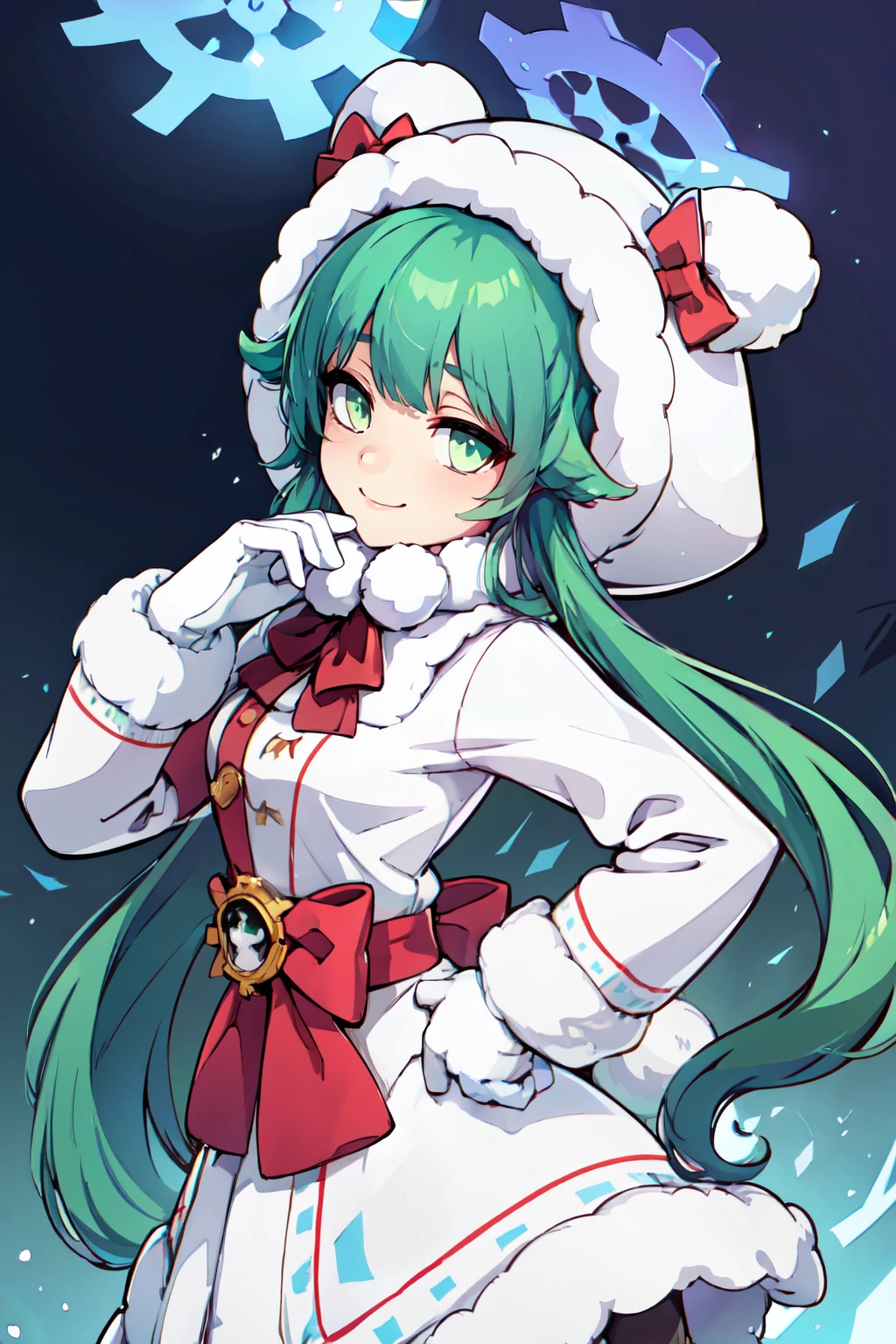 ((masterpiece,best quality)), absurdres,  BREAK, , <lora:Momiji_BlueArchive_Citron:0.8>,, zzMomiji, green hair, halo, long hair, green eyes, bow, blue halo, red bow, , white coat, animal hood, hood up, long sleeves, white gloves, fur-trimmed coat, hooded coat, fur-trimmed hood, winter clothes,  sidelocks, , twintails , BREAK, side view, hip to the side, contrapposto,, BREAK, solo, smile, looking at viewer, cowboy shot,