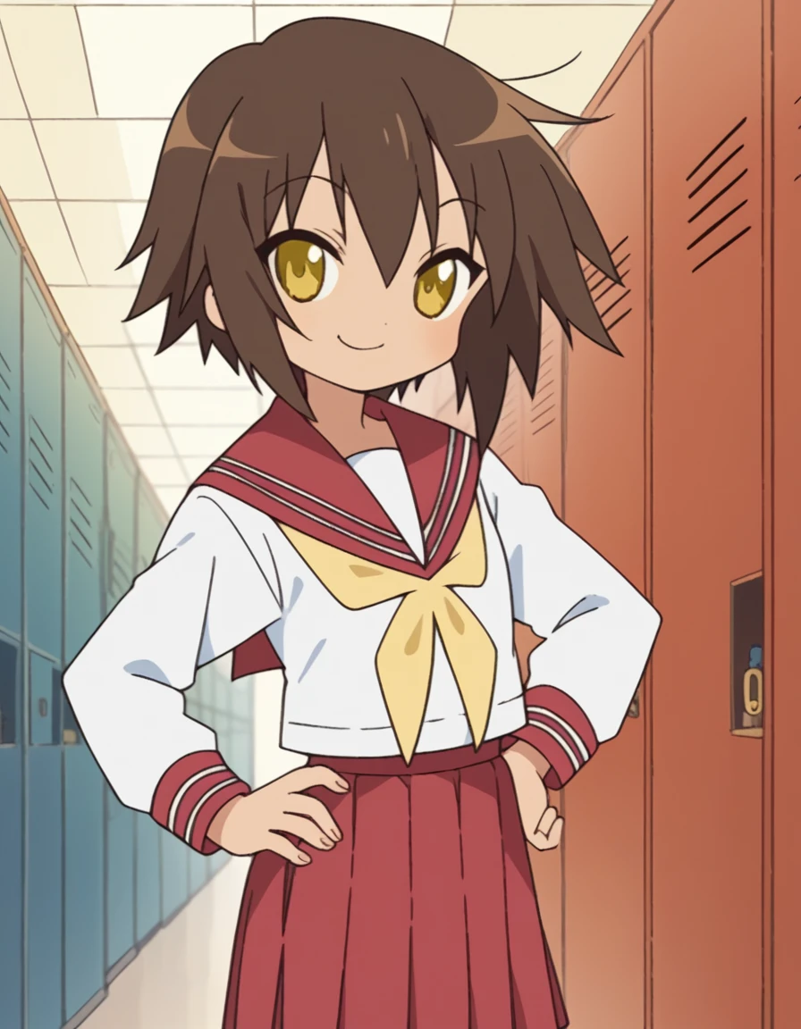 score_9, score_8_up, score_7_up, source_anime, <lora:misao-kusakabe-s1-ponyxl-lora-nochekaiser:1>, misao kusakabe, short hair, brown hair, yellow eyes,, skirt, long sleeves, school uniform, pleated skirt, serafuku, sailor collar, neckerchief, red skirt, ryouou school uniform,, school hallway, lockers, between classes, everyday life, , smug, hand on hips,, looking at viewer, solo,, dutch angle, cowboy shot