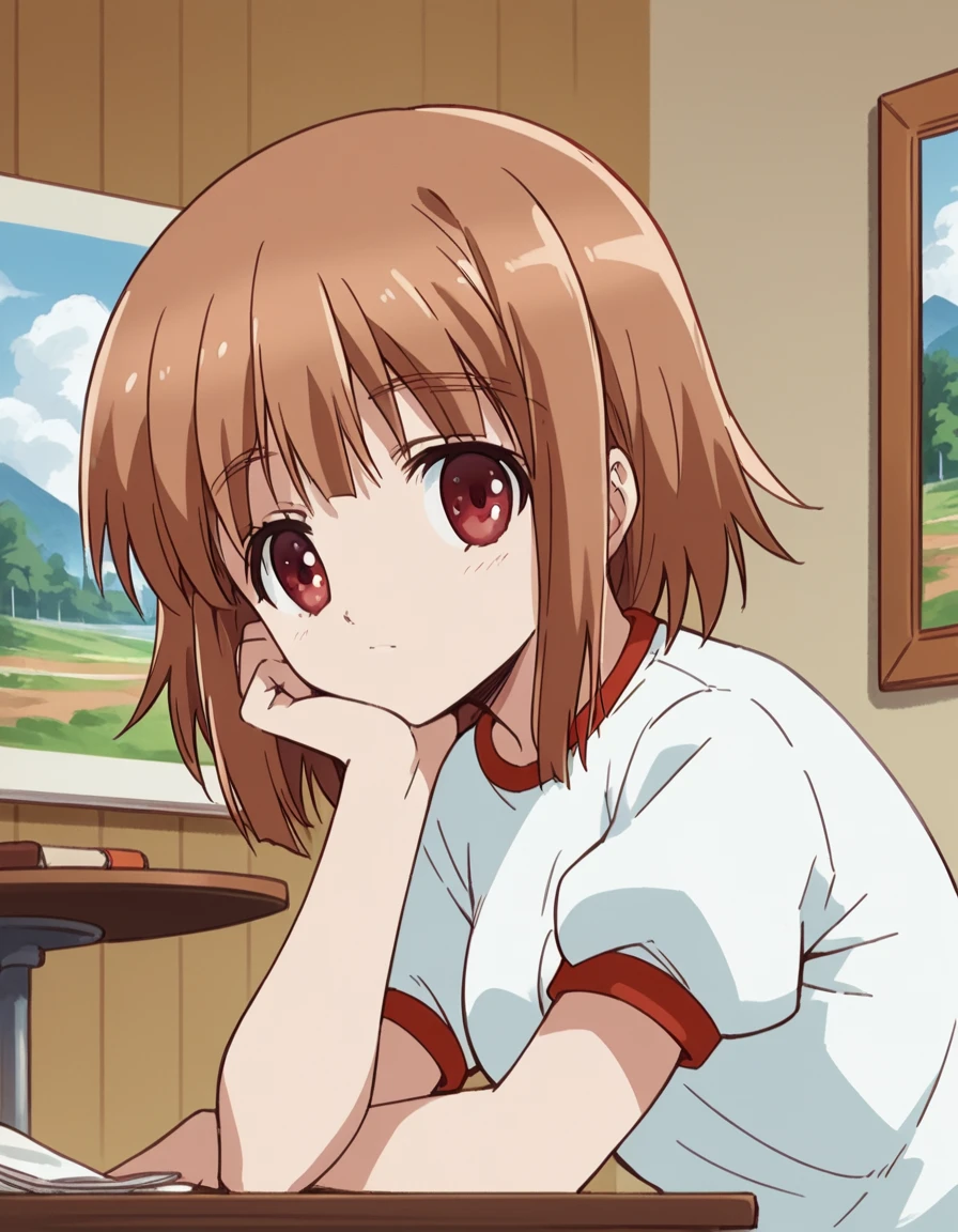 score_9, score_8_up, score_7_up, source_anime, <lora:airi-kashii-s1-ponyxl-lora-nochekaiser:1>, airi kashii, short hair, brown hair, red eyes,, gym uniform, shorts,, museum, art exhibit, paintings, observing, quiet contemplation, cultural experience, , sitting, head rest, table,, looking at viewer, solo,, dutch angle, cowboy shot