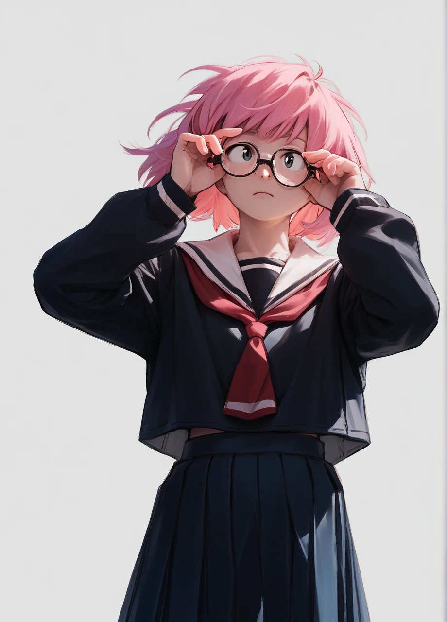 1girl, solo, popstep, pink hair, medium hair, adjusting glasses, sailor collar, black shirt, long sleeves, skirt, school uniform, cowboy shot  <lora:BNHA_PopStep-PONY:1>, score_9, score_8_up, score_7_up, score_6_up,