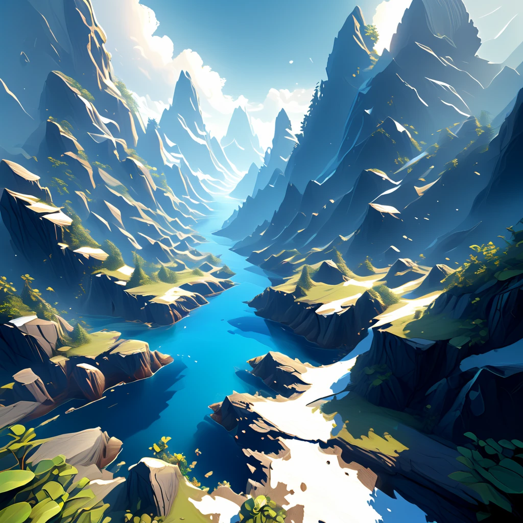 {Mountainous Isle}, Archipelago biome, first person view perspective, rpg game, in the style of fantasy, volumetric lighting, natural lighting, natural shadows, vector art, digital art,  <lora:artfullyMAP1P:1>, artmap1p,