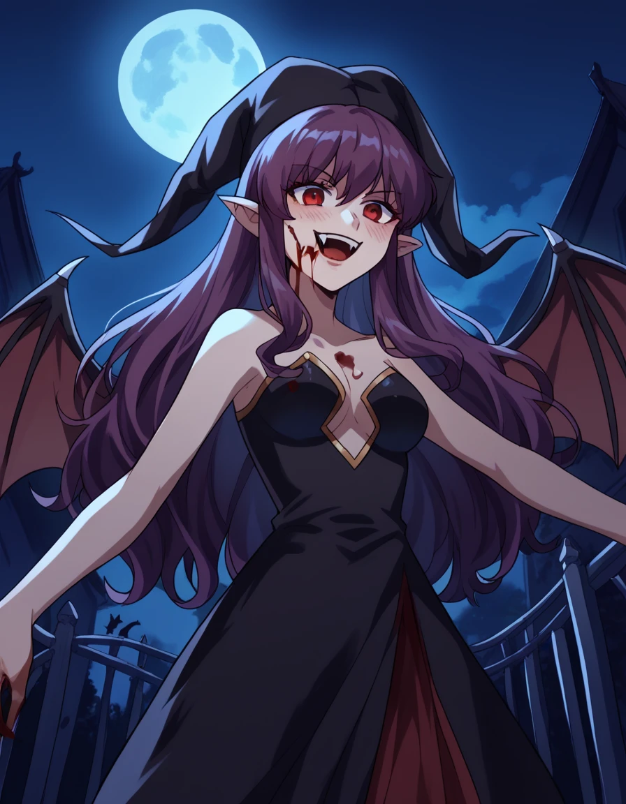 score_9, score_8_up, score_7_up, source_anime, <lora:kaibutsuoujo-witch-s1-ponyxl-lora-nochekaiser:1>, witch, long hair, red eyes, purple hair, sidelocks, medium breasts,, <lora:vampire-ponyxl-lora-nochekaiser:1>, vampire, red eyes, pointy ears, fangs, black dress, wings, blood, blood on face, blood on mouth, bat (animal), halloween, halloween costume, upper teeth only, night, moon, blush, smile, open mouth, , dutch angle, cowboy shot