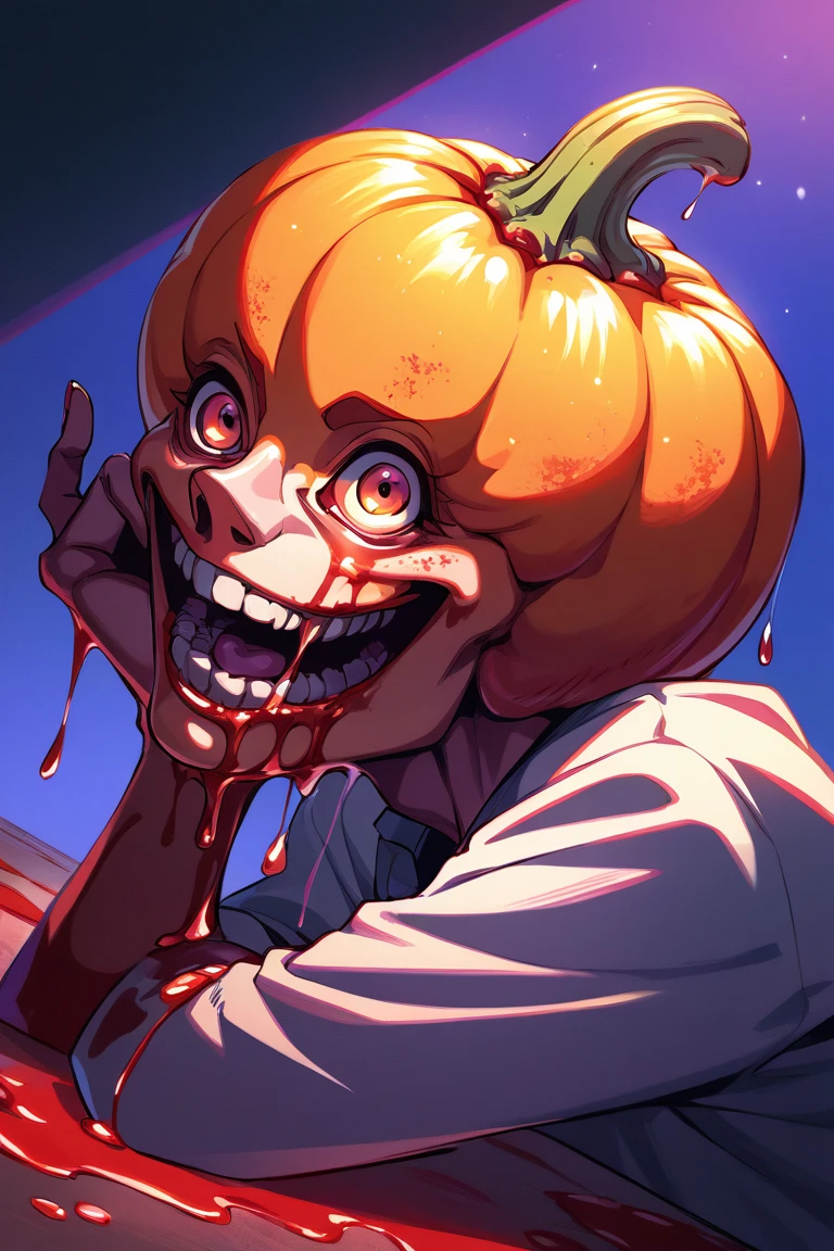 score_9, score_8_up, score_7_up, source_anime, rating_explicit, sunlight, pumpkin-humanoid focus, head rest, DaPUMPKIN, looking at viewer, DaPUMPKIN_face, blood, monster girl, monster, blood, drooling, dripping, wide smile, open mouth, smiling, 1girl, simple purple-blue gradient background, from side, dutch angle, intricately detailed illustration, horror (theme)