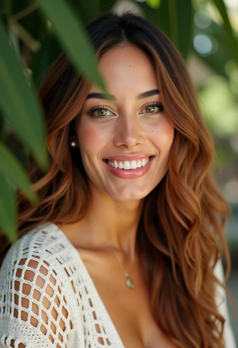 This is a high-resolution photograph featuring a close-up of a smiling woman with fair skin and a warm complexion. Her complexion is dotted with freckles, adding a charming, natural look to her face. She has long, wavy hair that cascades over her shoulders and frames her face. Her eyes are mesmerizing and are accentuated by her bright, genuine smile, revealing a set of white teeth. She is wearing a white, knitted garment, possibly a sweater or a top, with an open, textured design that adds a soft, cozy feel to the image. The background consists of blurred green leaves, suggesting a lush, tropical setting, with the light filtering through the foliage, creating a natural, serene ambiance. The overall mood of the image is calm and inviting, with a focus on natural beauty and simplicity. The photograph captures a candid, intimate moment, emphasizing the subject's natural radiance and the peacefulness of the surrounding environment. D4HN