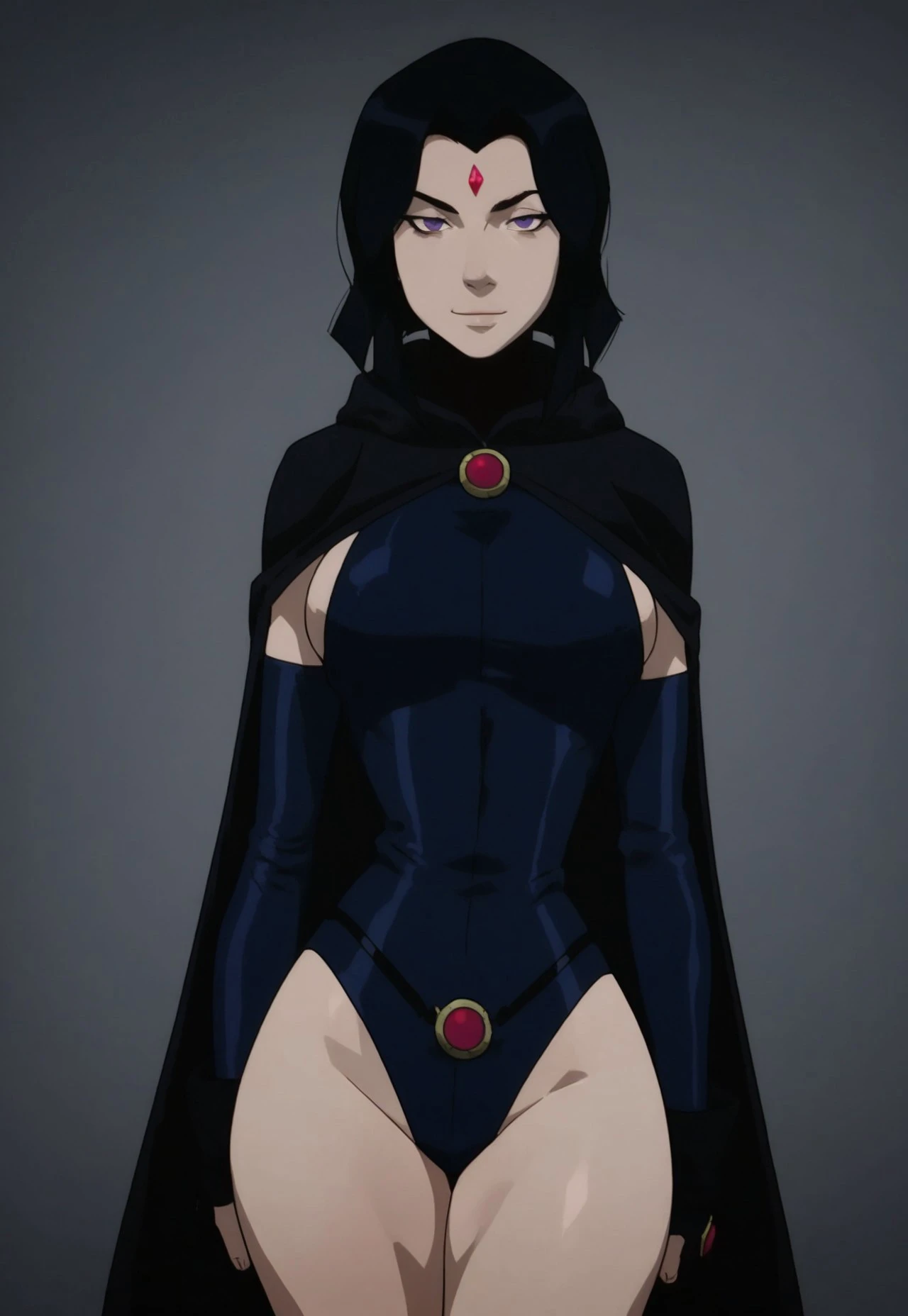 (masterpiece, best quality, ultra-detailed), RavenTT, short hair, purple eyes, (grey skin),black leotard,heavily makeup,black lipstick,grey skin, looking at viewer, sitting on grass, trees