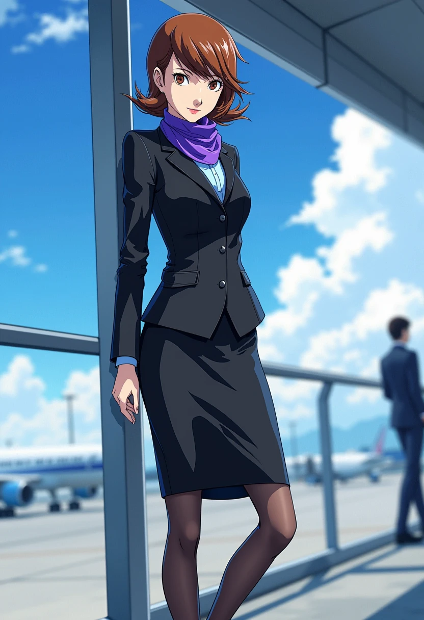 A detailed solo portrait of yukari takeba, 
Anime style, sharp, high contrast and highly detailed.,
<lora:persona_3_yukari_takeba_flux_v1_2-000005:0.9>,
. She is standing in a futuristic airport, with sunshine, blue sky and white cloud in the background. She wears a sleek and professional airline attendant uniform inspired by Japanese aesthetics, similar to the uniforms of ANA (All Nippon Airways). The uniform should consist of a tailored black jacket with a subtle sheen, featuring a structured, fitted design with long sleeves and a single-button closure. Beneath the jacket, the attendant wears a light blue collared shirt, neatly tucked into a matching knee-length pencil skirt. Around the neck is a silk scarf in a vibrant, bold color such as purple or blue, tied elegantly to add a touch of flair and sophistication. The outfit is complemented by sheer black tights and polished black dress shoes with low heels, designed for both style and comfort. She looks mature, gentle and elegant. She is looking at the viewer with a beautiful smile.