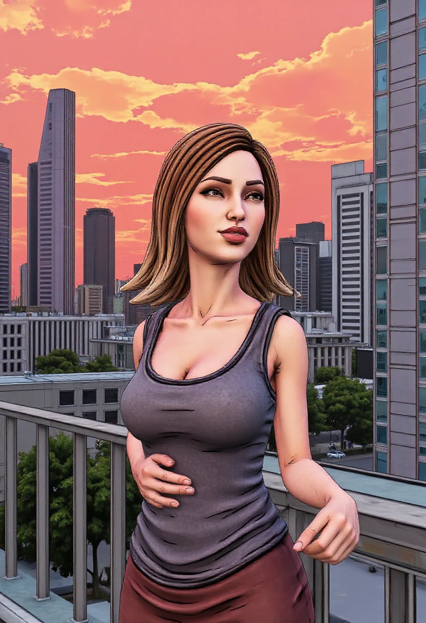 portrait of woman in the modern city, sunset, cel shading<lora:FLUX.1-Turbo-Alpha:1> <lora:Borderlands_3:1>