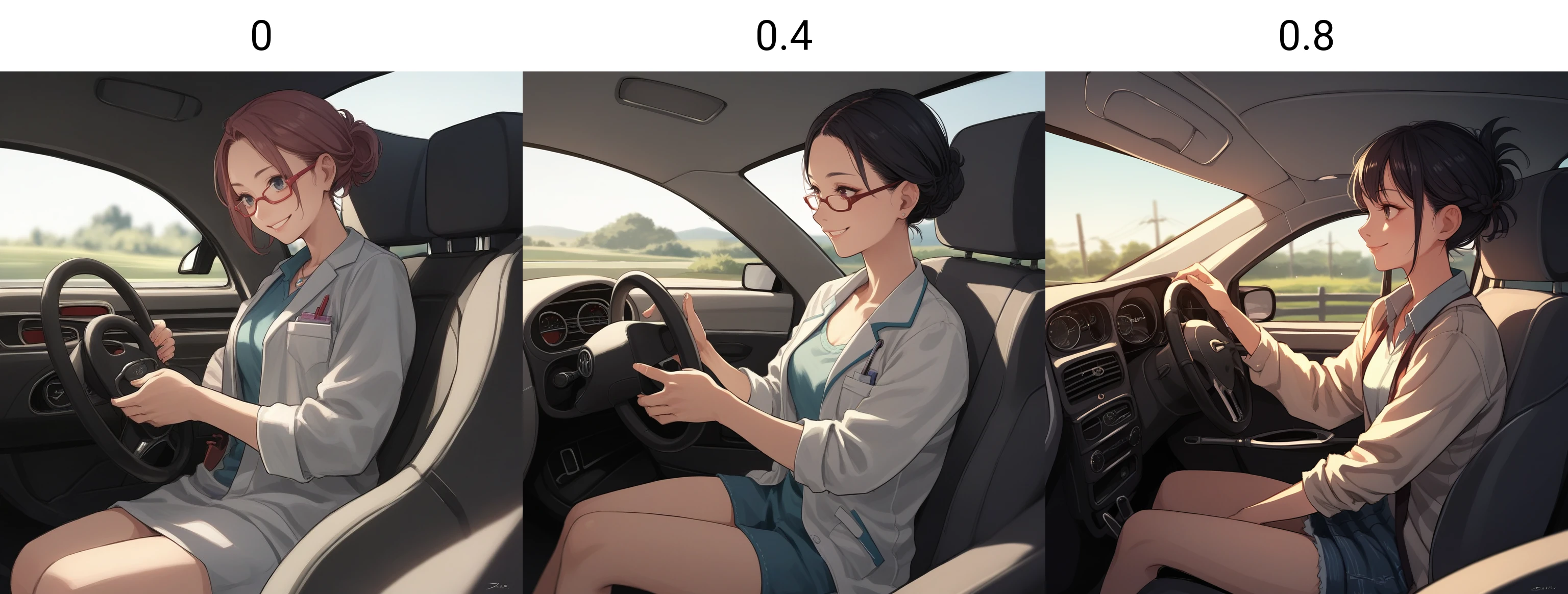 score_9, score_8_up, score_7_up, score_6_up, score_5_up, score_4_up, zPDXL2,source_anime,rating_questionable,1girl, solo, smile, <lora:Driving:0> dr1v3, car interior, motor vehicle, steering wheel, driving, sitting