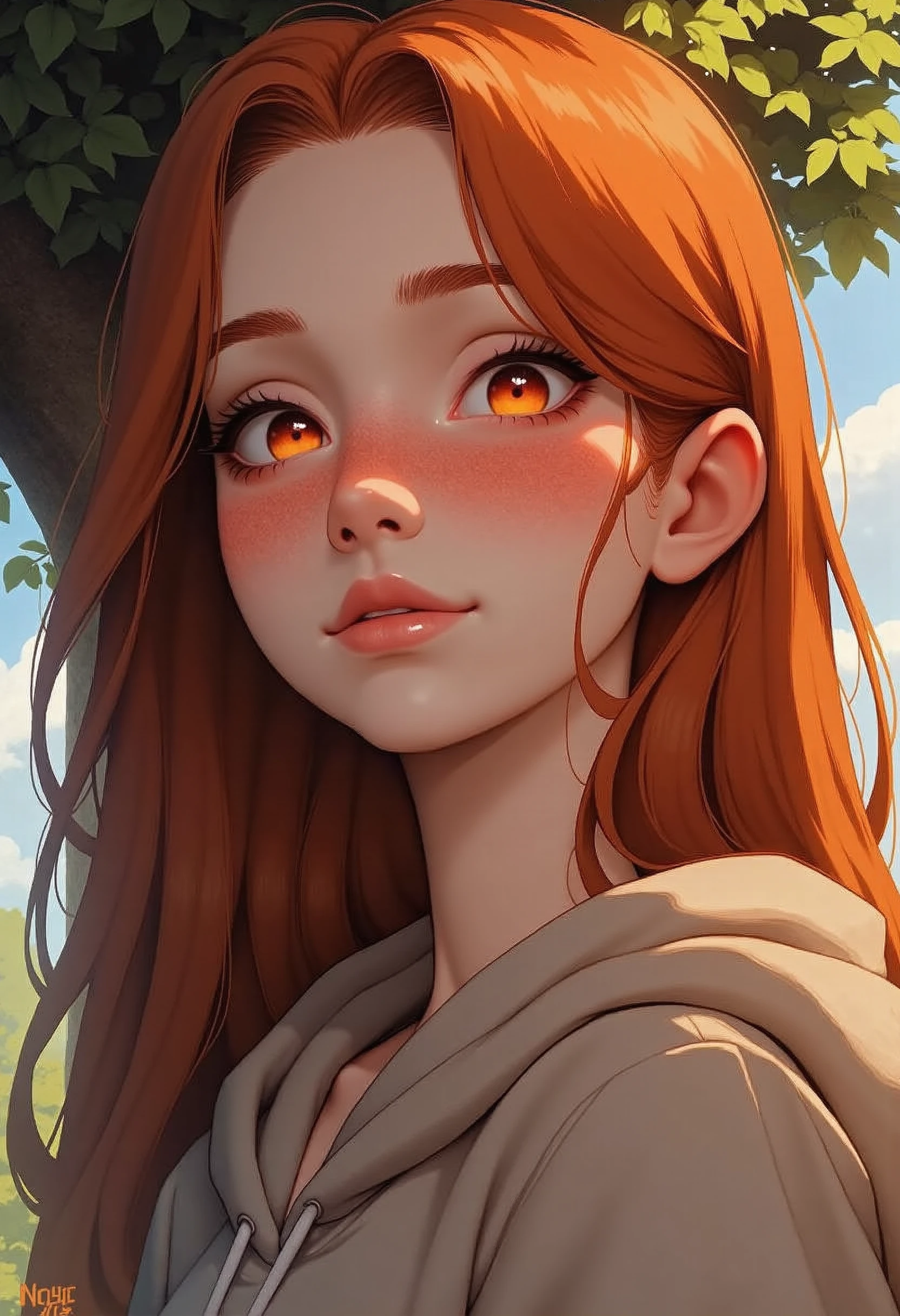 a kawaii redhead girl with freckles looking at the camera. cute face, She has big red almond eyes and is looking at the camera. in the background there is a tree. InCase Style.