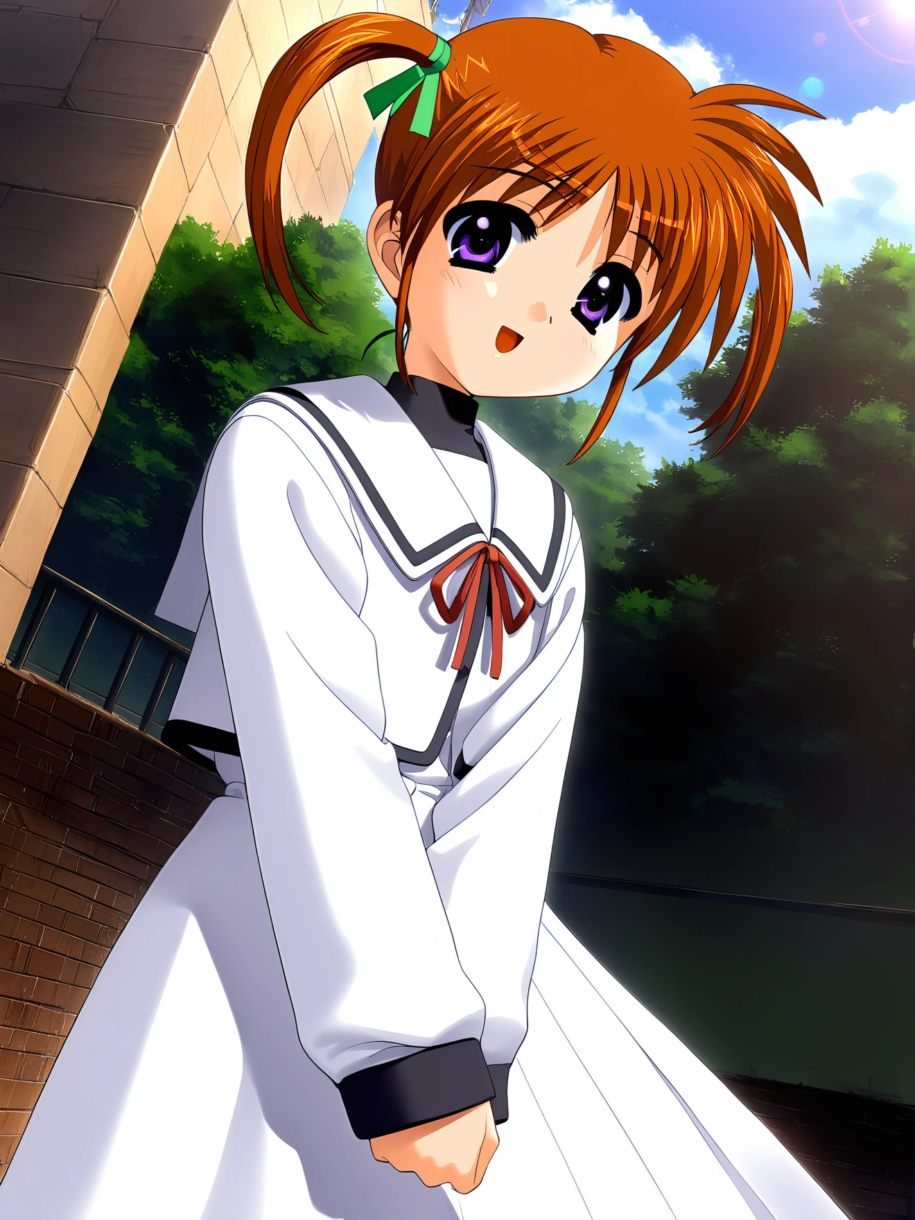 masterpiece, best quality, high quality, aesthetic, absurdres, insanely detailed,
1girl, takamachi nanoha, short twintails, day, purple eyes, sky, brown hair, outdoors, cloud, dress, long sleeves, school uniform, lens flare, ribbon, headwear removed, smile, white dress, open mouth, green hair ribbon, 
<lora:tsuzuki-masaki-style-xl_v1.0:1>