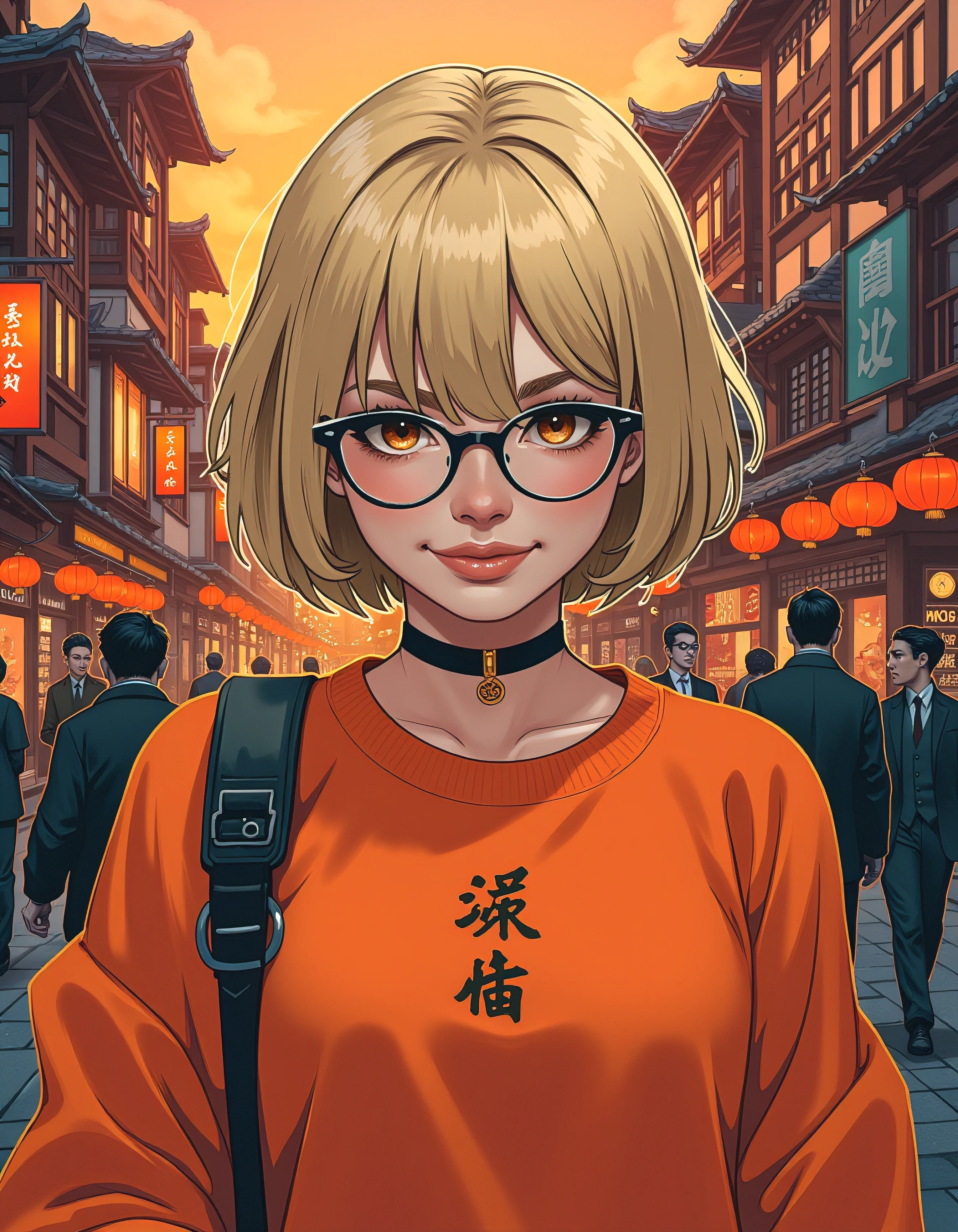 anime girl with glasses and a tattoo on her chest, travelers walking the streets, detailed face background detail, bleached blonde short hair, long orange sweatshirt, dim lantern, chinatown, french bob hair, nice art