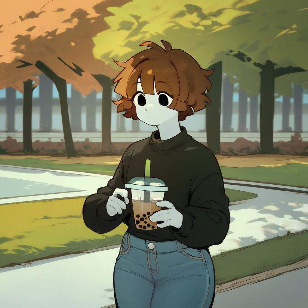 score_9_up, score_8_up, score_7_up, mikus-sona, white skin, black eyes, brown hair, black sweater, jeans, park, holding, bubble tea