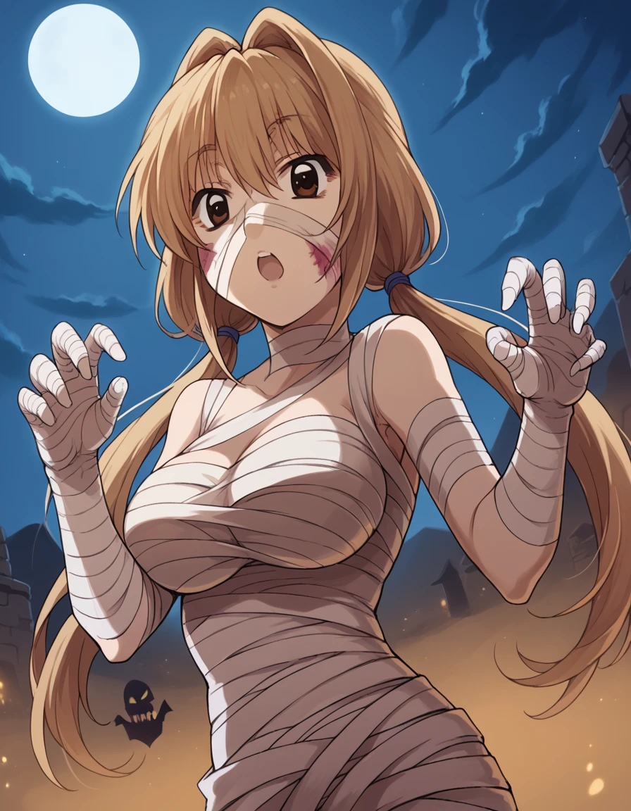 score_9, score_8_up, score_7_up, source_anime, <lora:aki-kokonoe-s1-ponyxl-lora-nochekaiser:1>, aki kokonoe, long hair, brown hair, twintails, brown eyes, hair intakes, large breasts,, <lora:mummy-costume-ponyxl-lora-nochekaiser:1>, mummy costume, bandages, halloween costume, bandaged arm, zombie pose, bandage on face,, desert, moon, night, open mouth, , dutch angle, cowboy shot