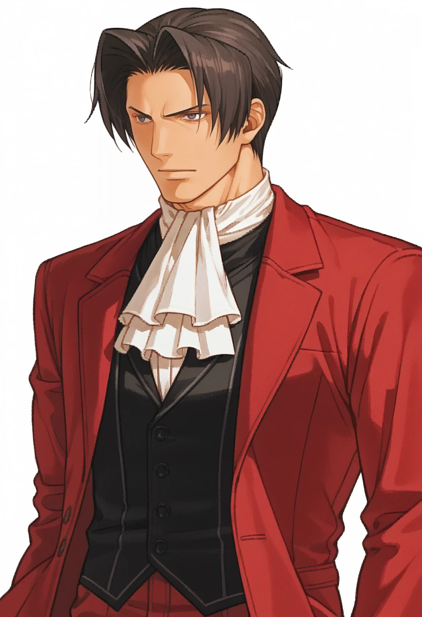 score_9, score_8_up, score_7_up, source_anime, 1boy, solo,
<lora:zs_FE10PortraitsXL:1> fe10portraits, portrait, white background
<lora:miles_edgeworth_pony:1> miles edgeworth, red jacket, suit jacket, black vest, white ascot, red pants