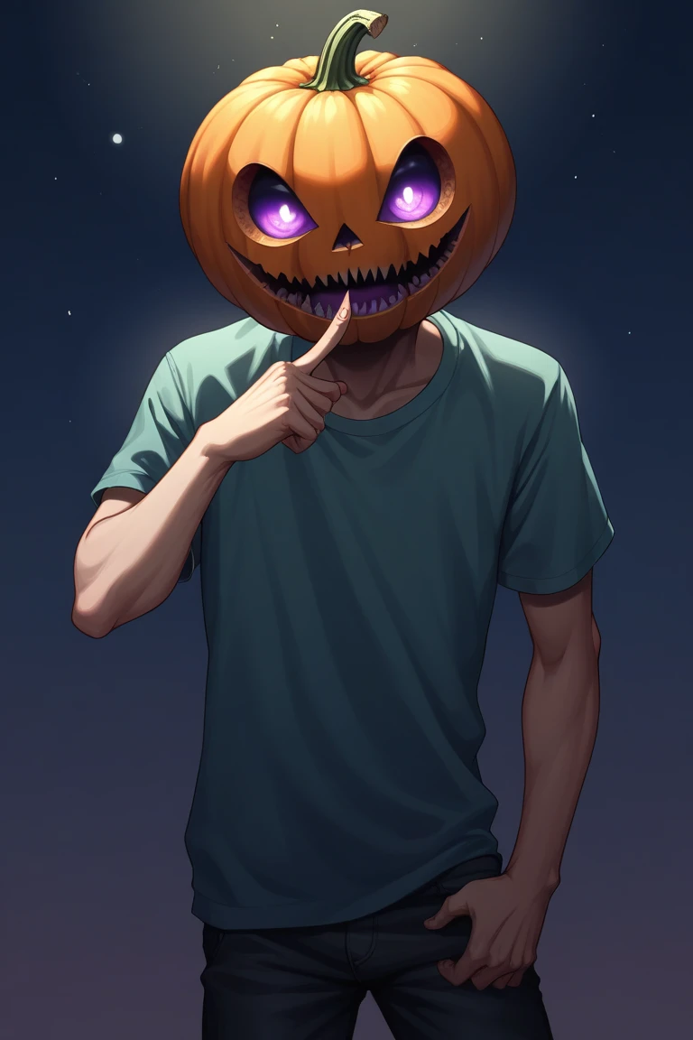 score_9, score_8_up, score_7_up, source_anime, rating_explicit, night, night sky, dark, dim lighting, pumpkin-humanoid focus, finger counting, DaPUMPKIN, looking at viewer, DaPUMPKIN_head, monster boy, monster, casual clothes, wide smile, open mouth, smiling, 1boy, simple purple-blue gradient background, intricately detailed illustration, horror (theme)