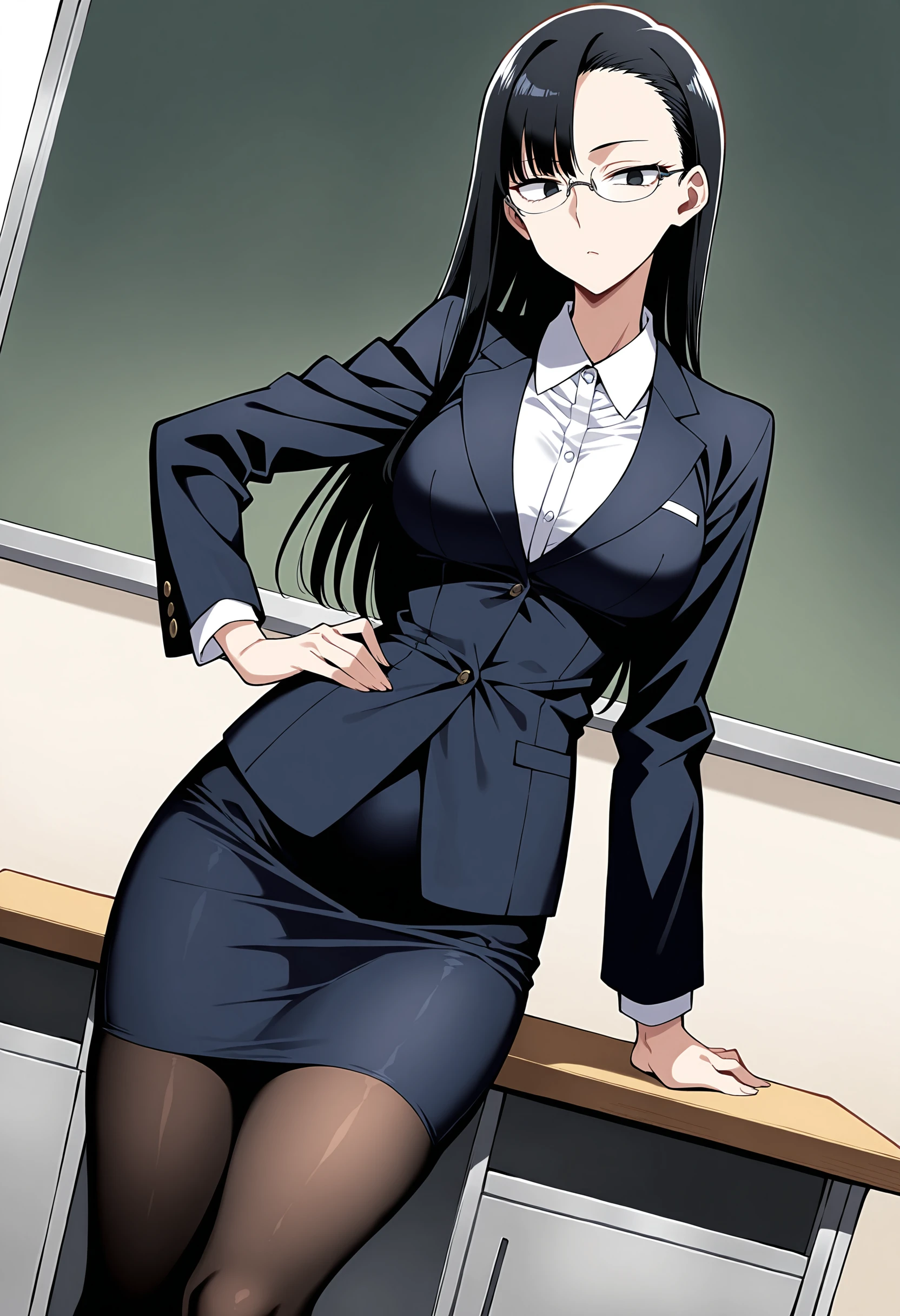 masterpiece,best quality,ultra detailed,illustration,1girl,solo,<lora:chabashira:1>,long hair,pony tail,black pantyhose,pencil skirt,(ridingboots),<lora:ridingboots:0.8>,fullbody,looking at viewer,