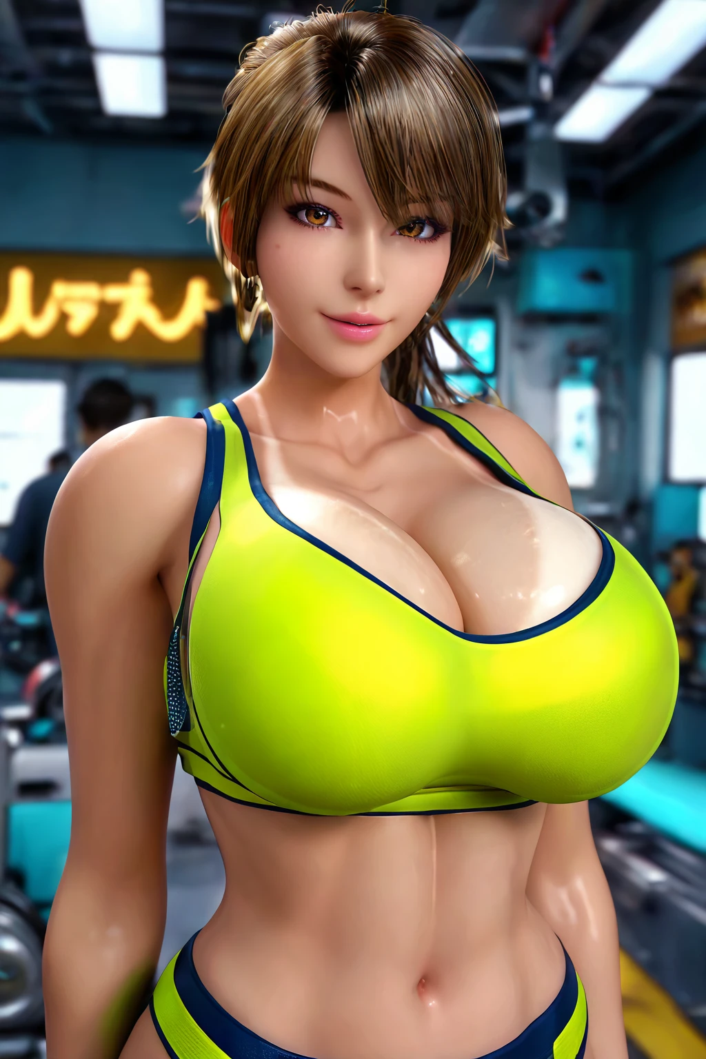 score_9,score_8_up,score_7_up,
pov,1girl,mature female,milf,huge breasts,gigantic breasts,portrait,cowboy shot,seductive smile,
Outstanding,master work,32K,UHD,best quality,perfect work,ray tracing,ultra-clear,ultra-high-definition,detailed,ultra-high resolution,Best quality,masterpiece,soft light,official art,masterpiece,high quality,highres,absurdres,best quality,epic scene,natural textures,<lora:Sugimoto Shoko Pony:1>,sugimoto shoko,huge breasts,brown eyes,brown hair,ponytail,tan,tanlines,green sports bra,