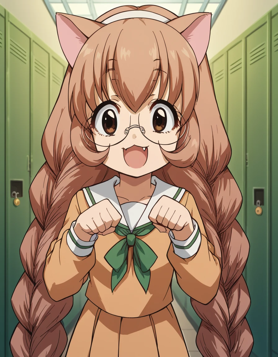 score_9, score_8_up, score_7_up, source_anime, <lora:mimi-usa-s1-ponyxl-lora-nochekaiser:1>, mimi usa, long hair, brown hair, brown eyes, very long hair, braid, hairband, glasses, twin braids,, school uniform, serafuku, long sleeves,, school hallway, lockers, between classes, everyday life, smile, <lora:paw-pose-ponyxl-lora-nochekaiser:1>, paw pose, cat ears, cat tail, animal ears, tail, cat girl, open mouth, fang, whiskers,, looking at viewer, solo,, dutch angle, cowboy shot