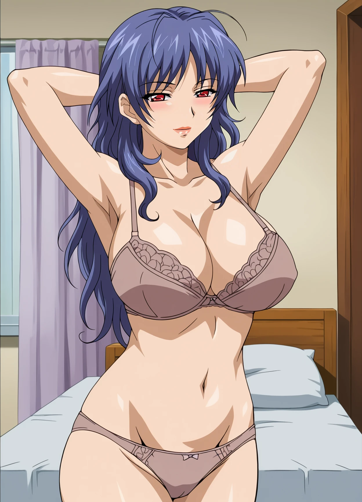 (masterpiece, high quality, vibrant colors: 1.0, anime style, retro art style, clean brush strokes, highly detailed, perfect anatomy, viewer discretion advised), 1 girl, alone, (ayukawa madoka, fully nude), (beautiful eyes detailed), blue eyes, (blue hair, long hair, parted bangs, hair blowing in the wind), smiling, cowboy shot, (huge breasts: 1.7, realistic nipples, realistic areola), (hard breasts, beautiful breasts), slim waist: 1.0, wide hips 1.4, (pussy, realistic, super detailed), (lying on back, legs spread), looking at viewer, (bedroom background, on bed), (front view, shot from below),
