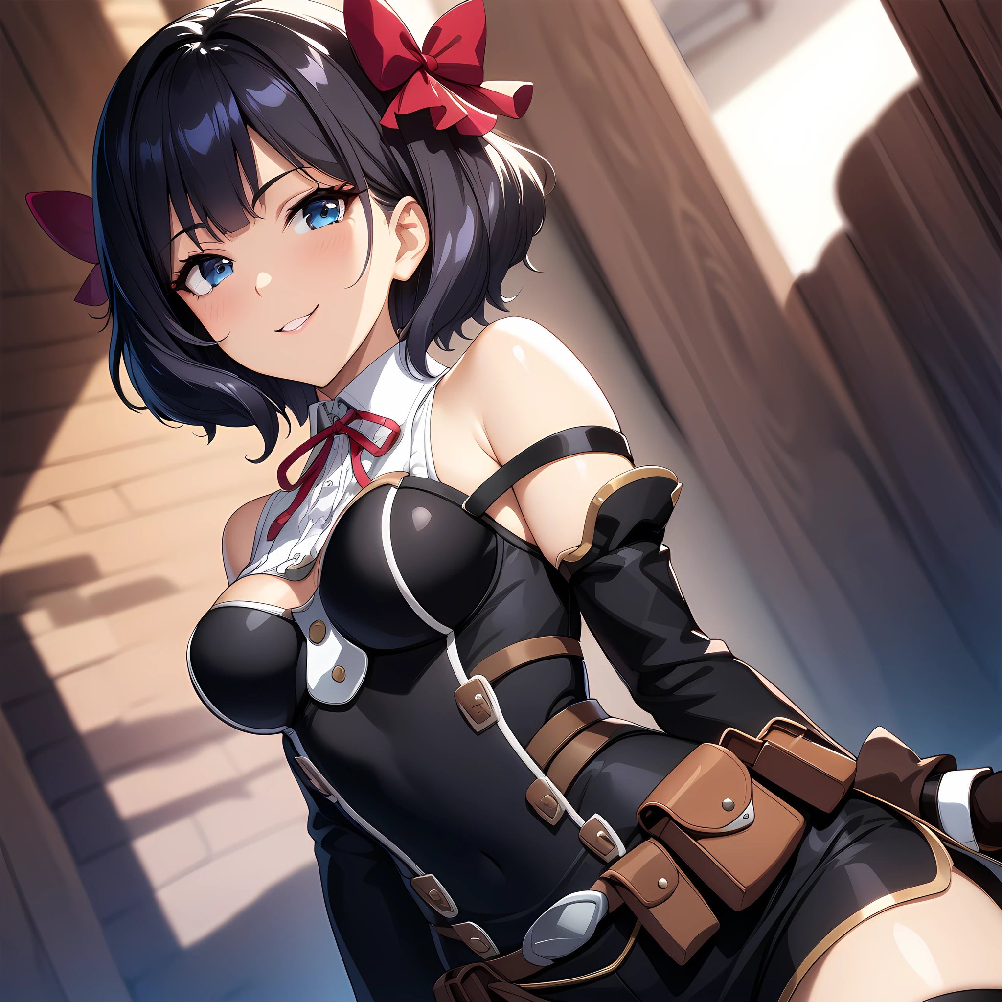 tino_shade, 1girl, short hair, black hair, red ribbon, blue eyes, medium breasts, white shirt, ribbon on neck, black vest, strapped vest, off shoulder, sleeves, brown gloves, fingerless gloves, wide hips, belt, pouch, black thigh high, black thigh boots, upper body view, seductive smile,  <lora:XL-TinoShade:1> <lora:SDXL_SPO:1>, (masterpiece),(best quality),(ultra-detailed),(best illustration),(best shadow),(absurdres),(detailed background),(very aesthetic),