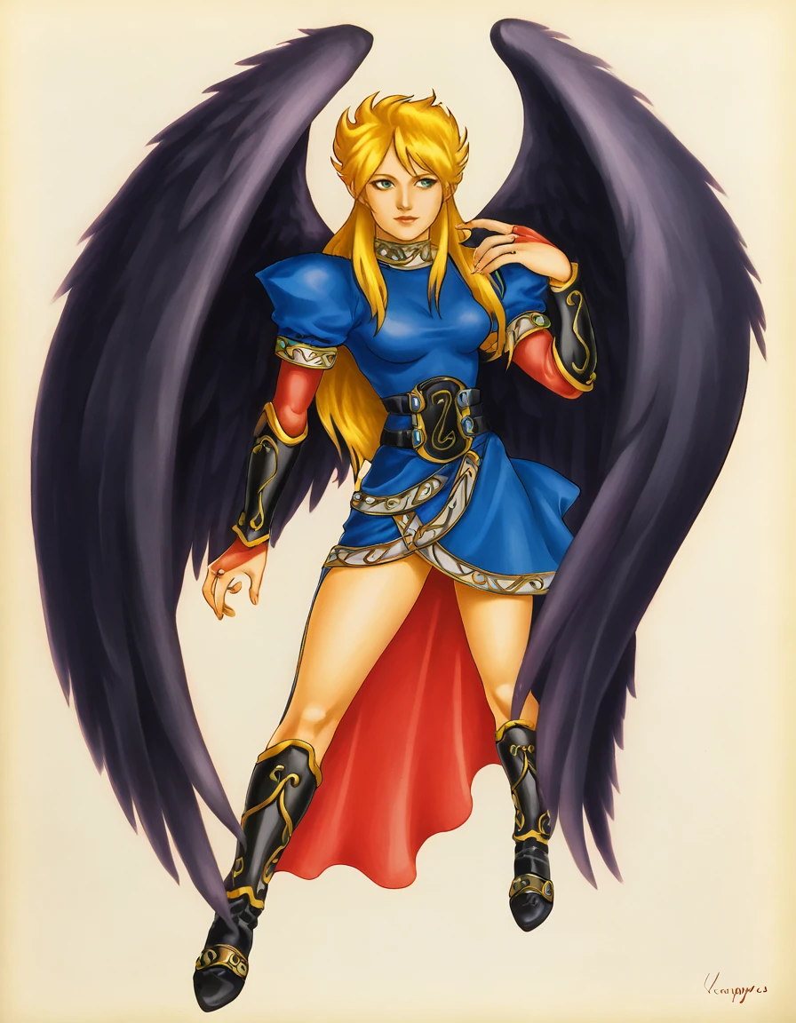 <lora:Alberto_Vargas_Artstyle_-_PonyXL:0.8> pinup,  <lora:(Breath of Fire 2) - Nina:1> ninabofii, black wings, blonde hair, long hair, sidelocks, dress, bridal gauntlets, boots,