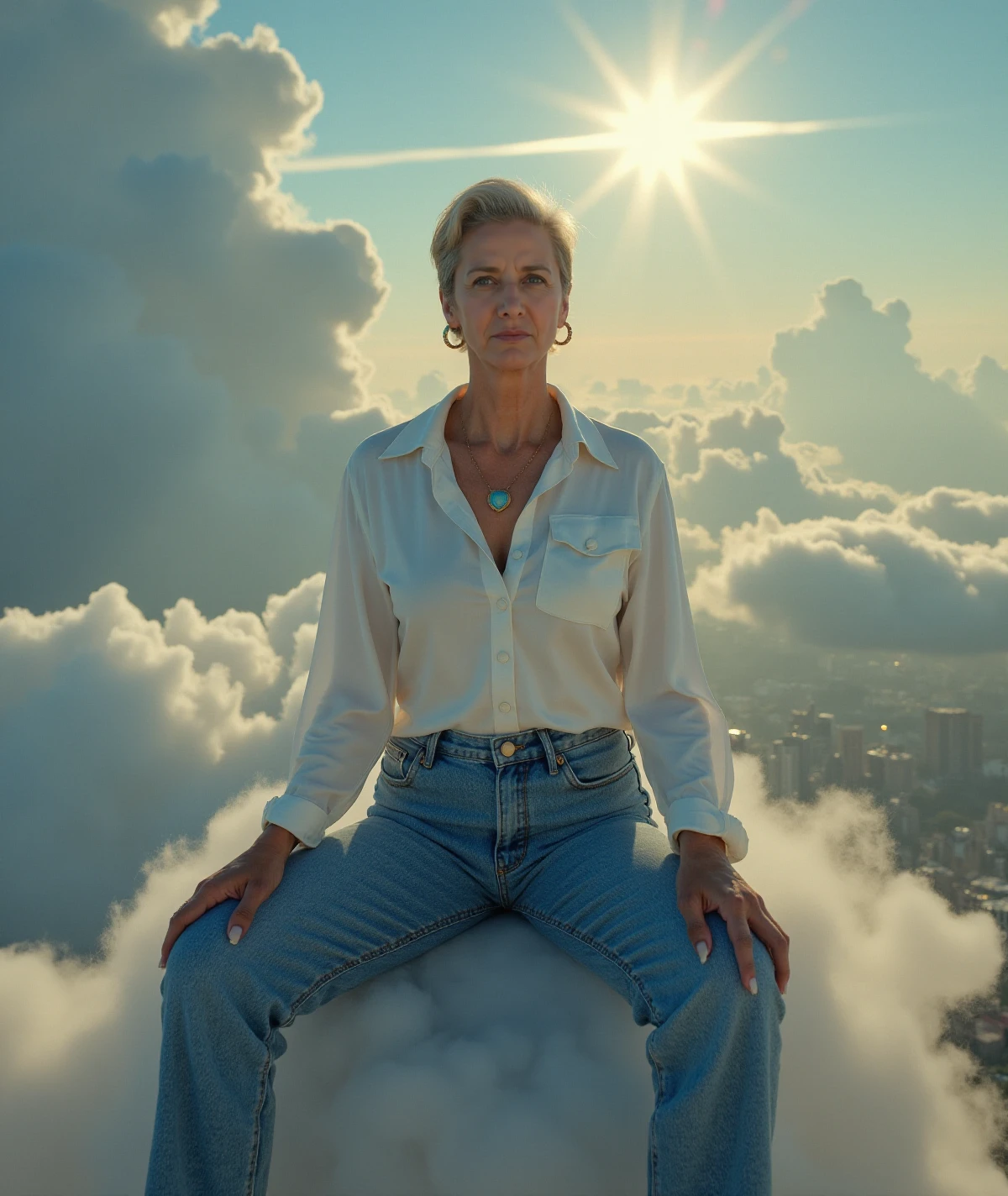 Hera is short grey hair woman wearing a white buttondown shirt and thight jeans and jewelry. she sits on a cloud and looks at a city under. She is a goddess figure<lora:Hera:0.9>