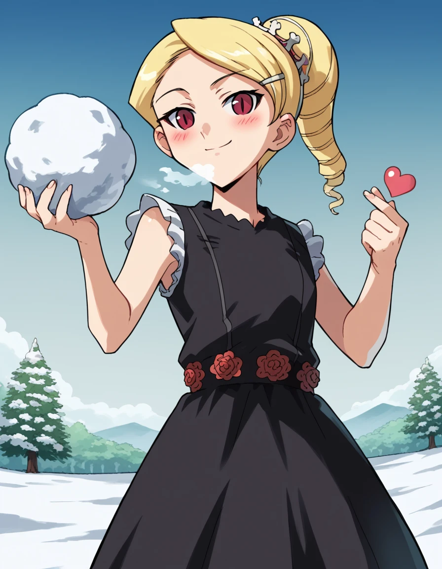 score_9, score_8_up, score_7_up, source_anime, <lora:kaibutsuoujo-sherwood-s1-ponyxl-lora-nochekaiser:1>, sherwood, blonde hair, hair ornament, red eyes, ponytail, hairclip, drill hair, dress, flower, black dress, black dress, skirt, frilled skirt, black skirt, sleeveless, sleeveless dress, snow day, winter clothes, snowball fight, laughter, cold breath, white landscape, , <lora:finger-heart-ponyxl-lora-nochekaiser:1>, finger heart, heart, blush, smile,, looking at viewer, solo,, dutch angle, cowboy shot