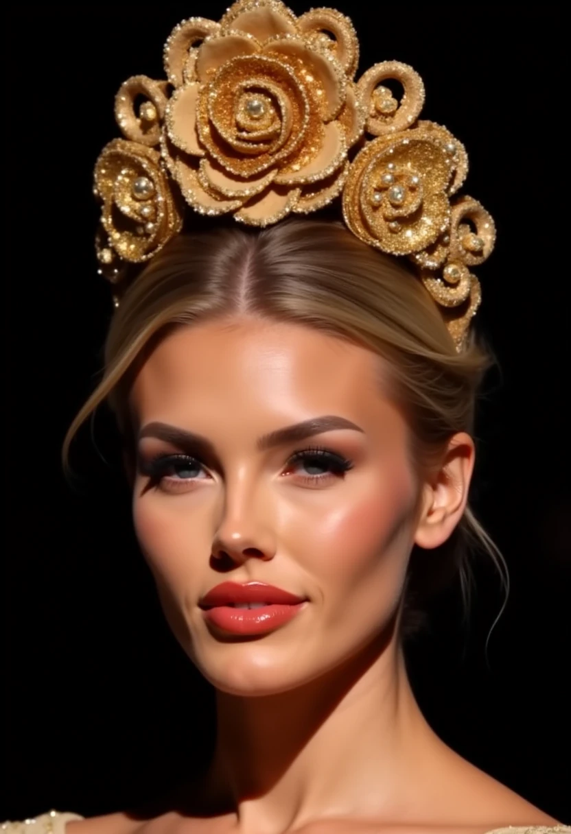 This is a high-resolution photograph featuring a woman with an ethereal, regal appearance. She has striking eyes, meticulously applied makeup with bold, dramatic eyeliner and eyeshadow, and full, glossy lips painted in a rich, deep red. Her skin is smooth and flawless, with a radiant glow. Her hair is styled in an elaborate updo, with a large, ornate headdress adorning the top. The headdress is intricately designed, featuring a central, large, golden flower with smaller, detailed golden embellishments surrounding it, giving it an opulent, almost baroque aesthetic. The background is a solid black, which contrasts sharply with the golden headdress and her skin tone, making her the focal point of the image. The lighting is soft yet directional, highlighting her features and the intricate details of her headdress without harsh shadows. The overall style of the photograph is elegant and luxurious, reminiscent of high-fashion editorial photography. 4LYT4Y