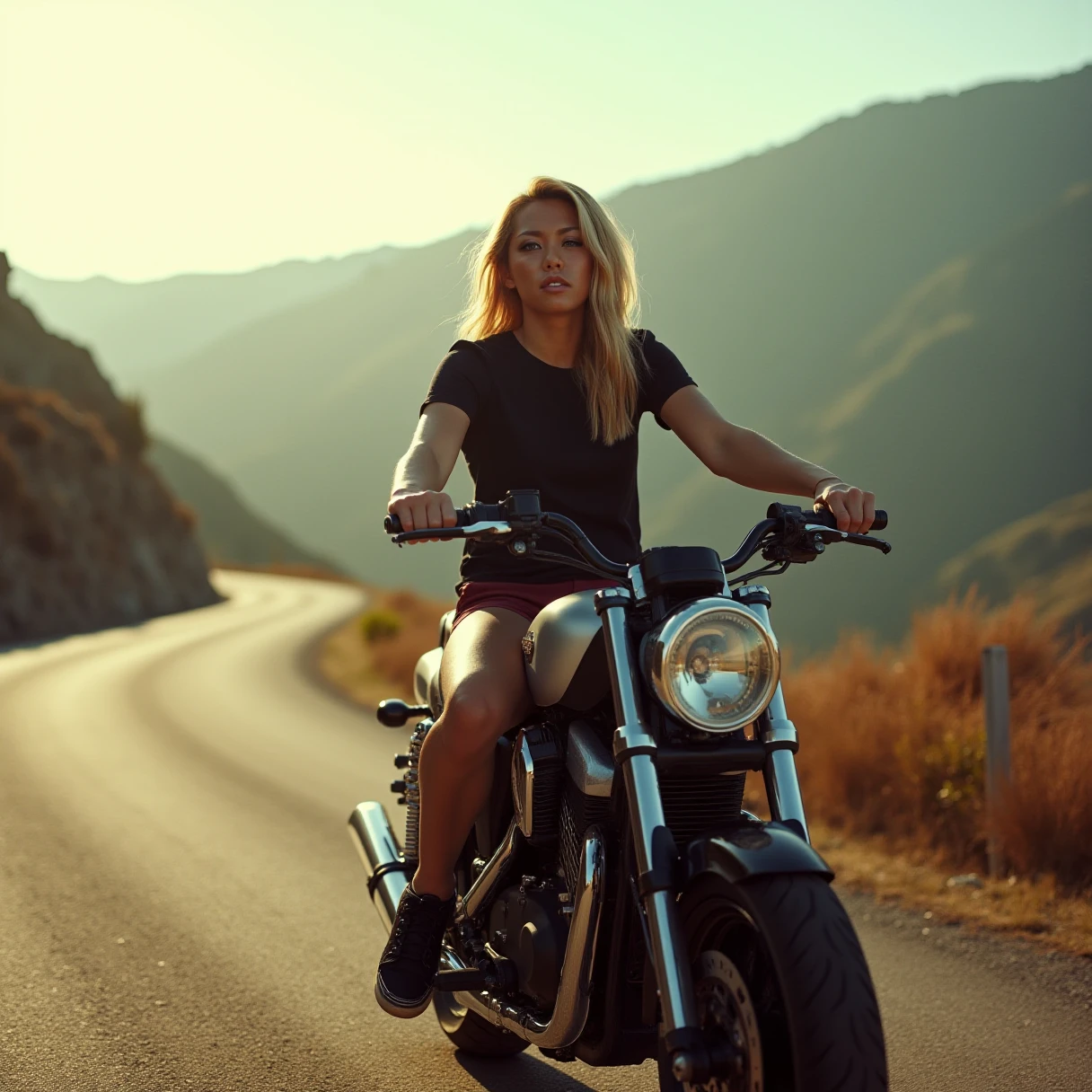 midshot, dynamic angles,photoshoot poses,A lone figure emerges from the misty mountainside, astride a sleek silver and black motorcycle that glows like polished steel in the afternoon sun. The young woman's blonde hair flows behind her in loose waves, framing her determined face with its serious expression. Her eyes gaze off into the distance, lost in thought as she navigates the winding road. She wears a black t-shirt, maroon shorts, and black sneakers that appear almost invisible against the rugged terrain. The camera captures her in a medium shot, with the mountainous backdrop subtly blurred to emphasize her focus on the open road ahead. Cinematographer Terrence Malick's signature style infuses the scene with an air of introspection and freedom, as the soft golden light casts long shadows across the rough asphalt. A gentle haze hangs low over the mountains, imbuing the atmosphere with a sense of mystery.,RAW candid cinema, 16mm, color graded portra 400 film, remarkable color, ultra realistic, textured skin, remarkable detailed pupils, realistic dull skin noise, visible skin detail, skin fuzz, dry skin, shot with cinematic camera, detailed skin texture, (blush:0.2), (goosebumps:0.3), subsurface scattering, beautiful photograph in the style of Augustus John, Sergio Toppi, Virginia Frances Sterrett, 8k HD, detailed skin texture, ultra realistic, textured skin, analog raw photo, cinematic grain, whimsical