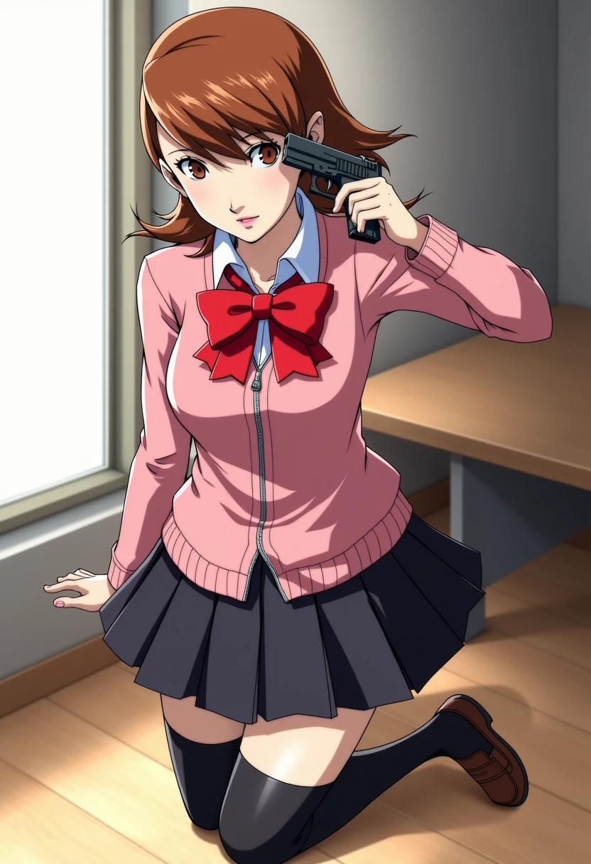 A detailed solo portrait of yukari takeba, 
Anime style, sharp, high contrast and highly detailed.,
<lora:persona_3_yukari_takeba_flux_v1_2-000005:0.9>,
She is wearing a stylish school uniform. Her outfit consists of a fitted, long-sleeved pink cardigan that is zipped up the front, paired with a large red bow around her neck. Beneath the cardigan, she wears a white collared shirt, with the blue collar peeking out. The girl has a black pleated skirt that reaches mid-thigh, along with long black knee-high socks and brown loafers. She is holding a small black pistol, pointing the pistol against her temple, pulling the trigger.